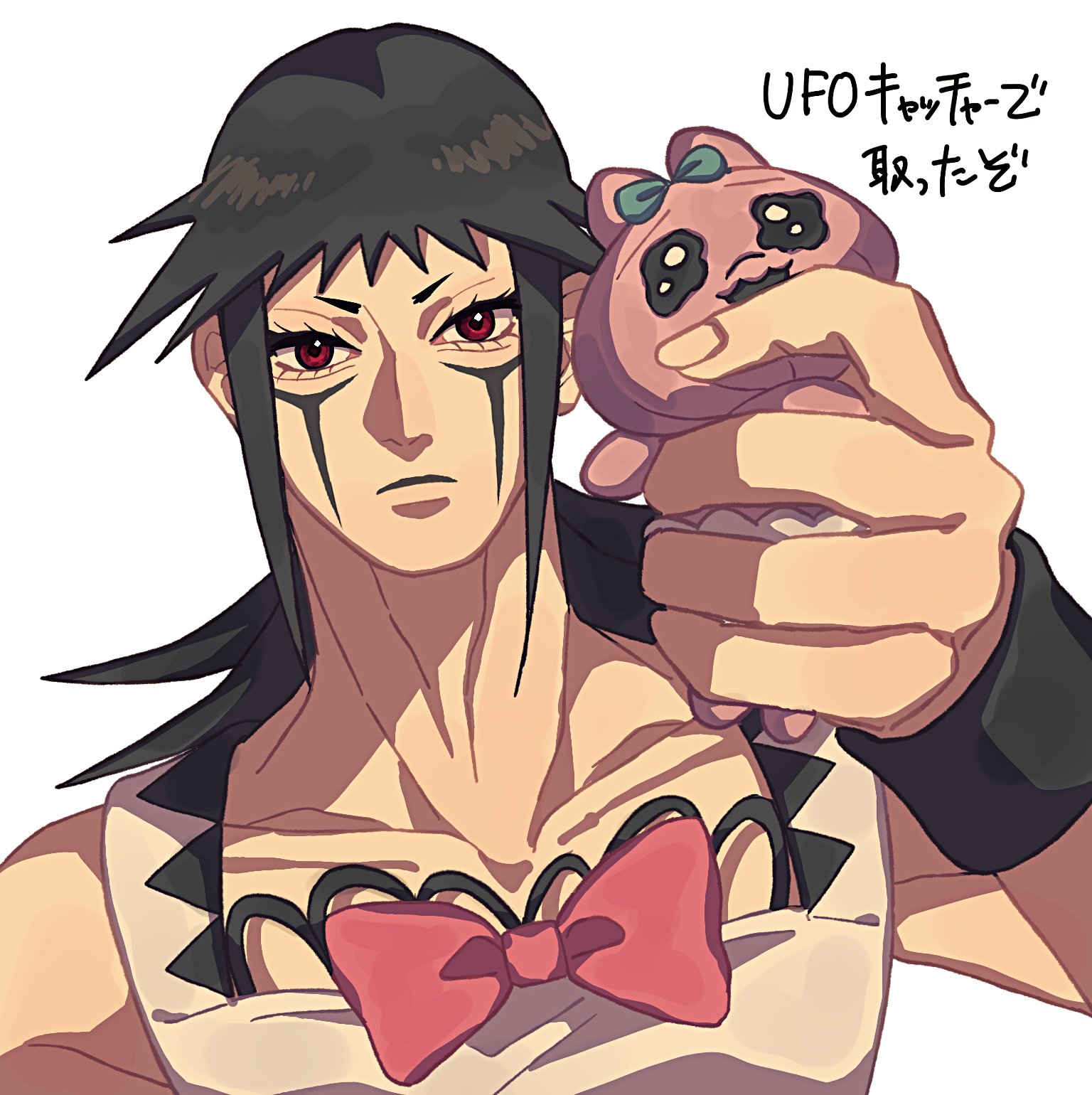 siniy, jojo no kimyou na bouken, the jojolands, commentary request, highres, translation request, 1boy, black hair, bow, charming man, collarbone, facial mark, holding, holding stuffed toy, long hair, looking at viewer, male focus, overalls, pink bow, red eyes, solo, spiked hair, stuffed animal, stuffed toy, upper body, white background, white overalls, wristband
