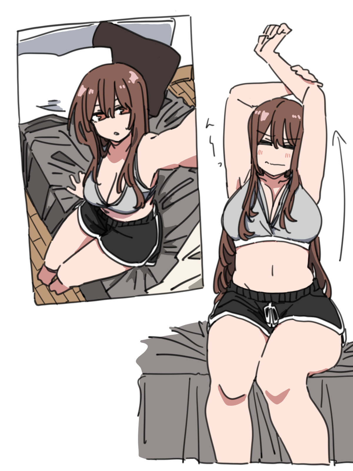 durindana 7, original, highres, tagme, bed, bra, breasts, brown eyes, brown hair, grey bra, large breasts, long hair, midriff, pillow, simple background, sitting, sports bra, stretching, underwear
