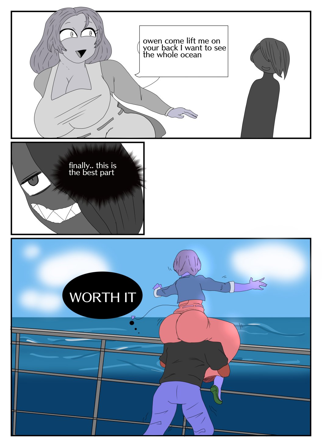 cookinpizzaart, original, highres, ass, black skirt, blue skin, colored skin, demon boy, demon girl, demon tail, dialogue box, dress, green shoes, huge ass, ocean, pervert, railing, red skin, shoes, sitting on shoulder, skirt, tail