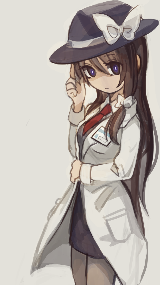 sakamoto (pompa), usami renko, touhou, 1girl, alternate eye color, alternate hairstyle, black hat, black skirt, blue eyes, bow, brown hair, fedora, hair ribbon, hat, hat bow, hat tip, id card, lab coat, long hair, necktie, one-hour drawing challenge, ribbon, skirt, solo, white background