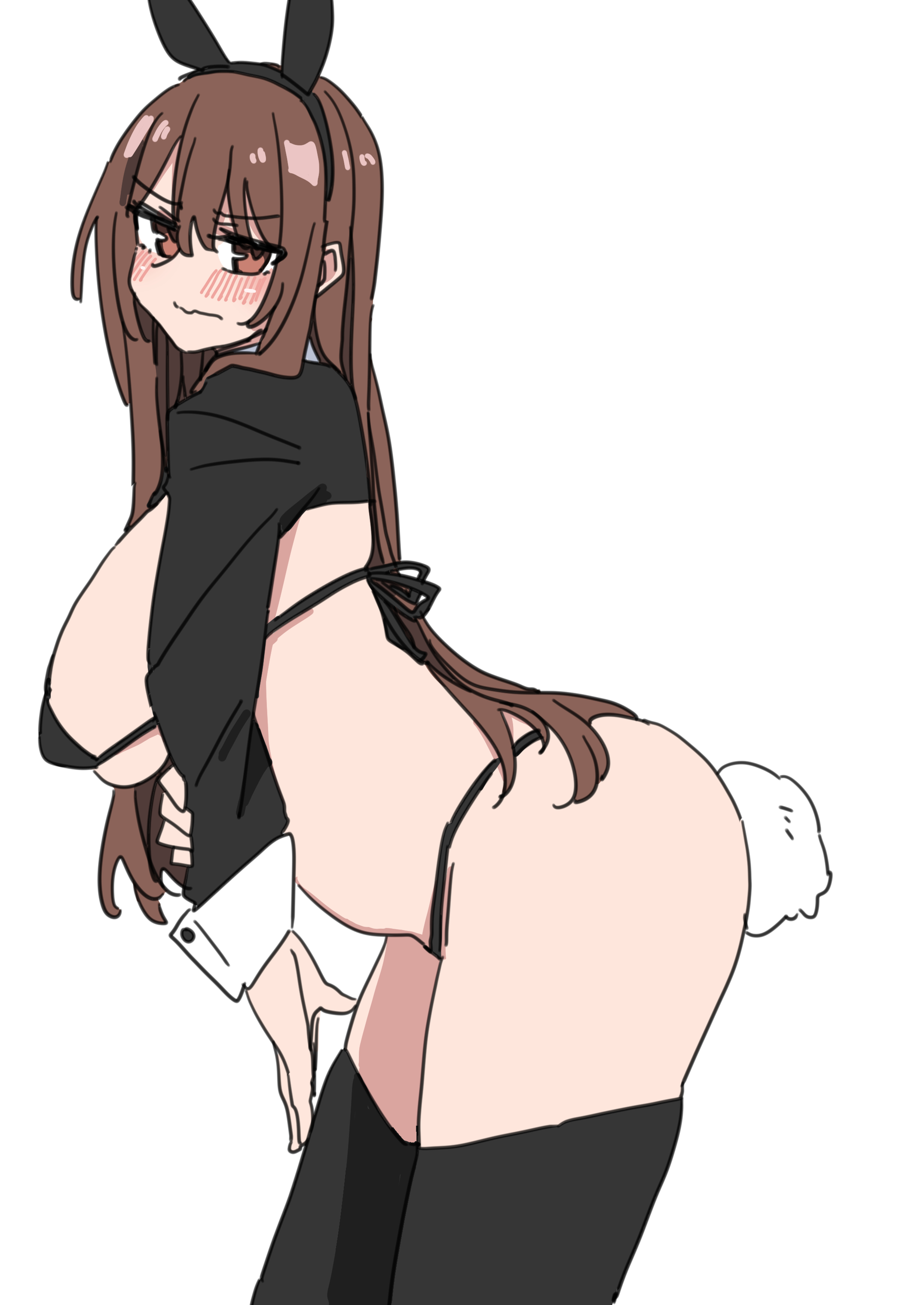 durindana 7, original, absurdres, highres, tagme, animal ears, black thighhighs, breasts, brown eyes, brown hair, large breasts, leaning forward, long hair, rabbit ears, rabbit tail, reverse bunnysuit, reverse outfit, simple background, tail, thighhighs, thighs