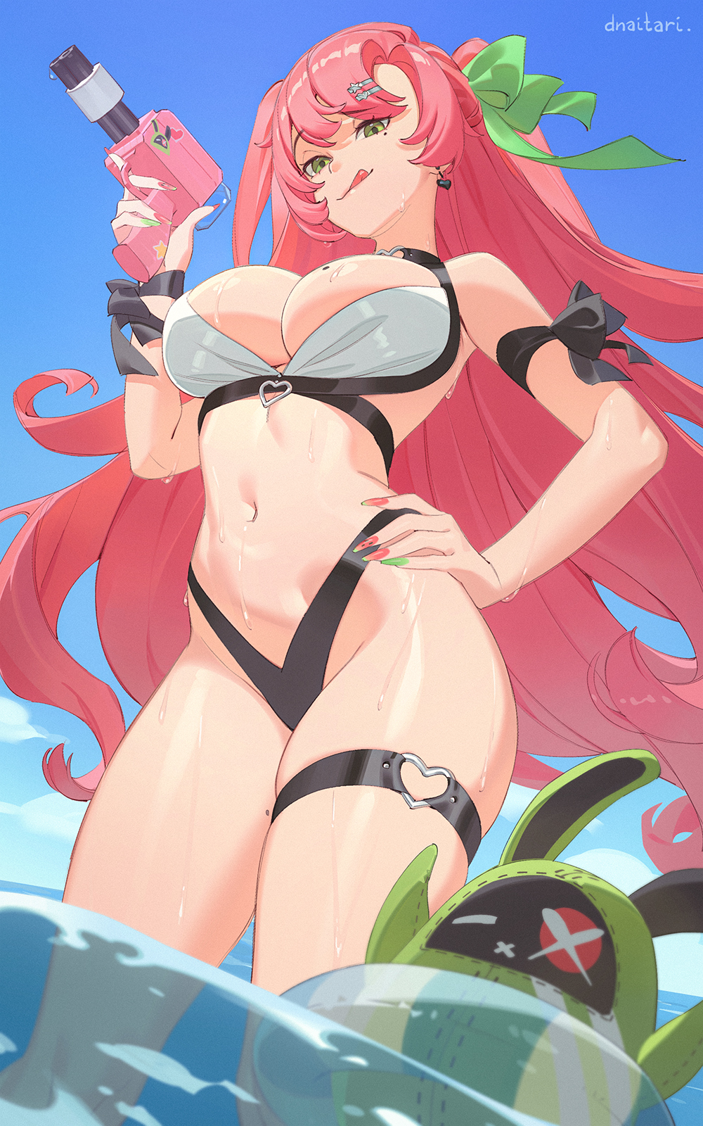 dnaitari, bangboo (zenless zone zero), nicole demara, zenless zone zero, highres, 1girl, :q, bikini, black choker, blue sky, breasts, choker, day, earrings, green eyes, hair ornament, hairclip, hand on own hip, heart, heart earrings, highleg, highleg bikini, holding, holding water gun, innertube, jewelry, large breasts, long hair, mole, mole on breast, mole on thigh, mole under eye, nail polish, navel, outdoors, pink hair, sky, solo, stomach, swim ring, swimsuit, thigh strap, tongue, tongue out, very long hair, water gun, wet