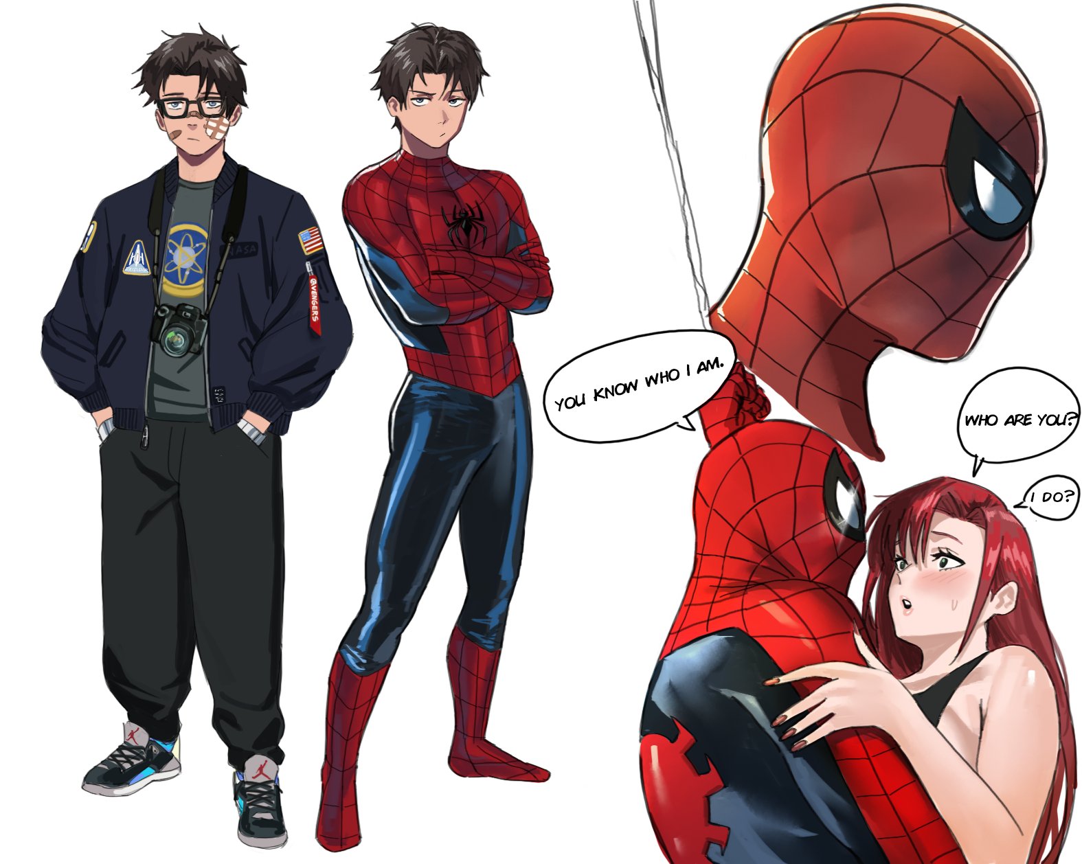 mugi (mugit49), mary jane watson, peter parker, spider-man, marvel, spider-man (series), highres, 1boy, 1girl, black hair, black pants, blue eyes, blue jacket, bodysuit, full body, glasses, hands in pockets, jacket, pants, red bodysuit, red hair, short hair, simple background, upper body, white background