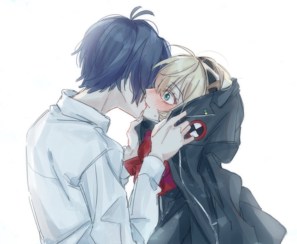 sakizome1001, aigis (persona), yuuki makoto (persona 3), persona, persona 3, commentary request, 1boy, 1girl, ahoge, antenna hair, aqua eyes, black dress, black hairband, black jacket, blonde hair, blue hair, blush, bow, dress, dress shirt, facing another, from side, gekkoukan high school uniform, hairband, hetero, holding, holding jacket, holding unworn clothes, jacket, kiss, red bow, school uniform, shirt, short hair, simple background, unworn jacket, upper body, white background, white shirt