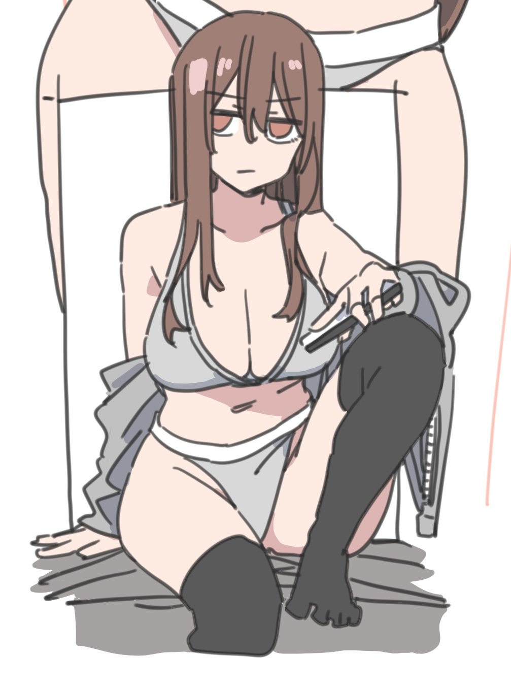 durindana 7, original, highres, tagme, black thighhighs, breasts, brown eyes, brown hair, grey sports bra, grey sports panties, large breasts, long hair, navel, off shoulder, simple background, sitting, sports bra, thighhighs