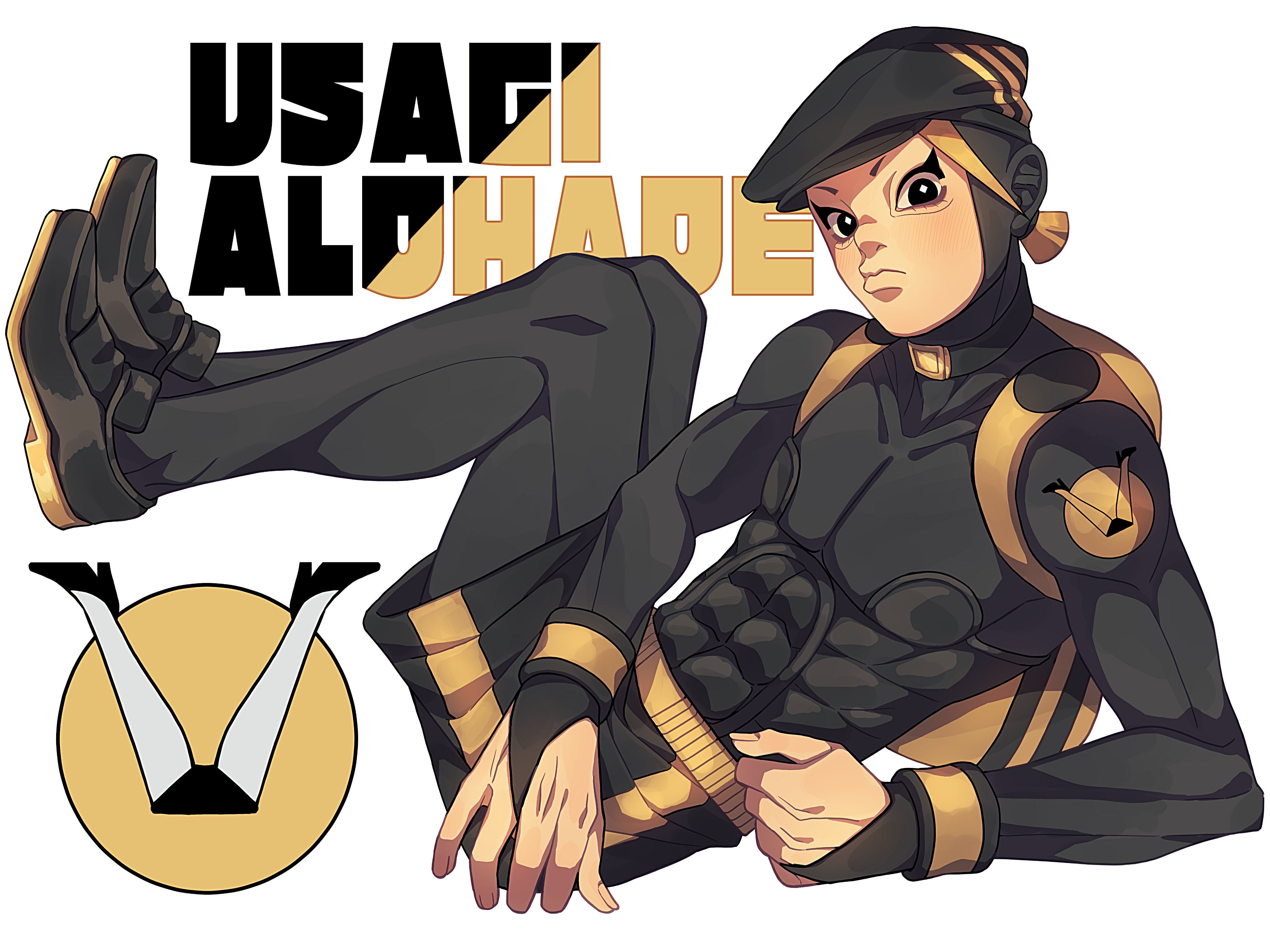 siniy, usagi aloha'oe, jojo no kimyou na bouken, the jojolands, absurdres, commentary, highres, symbol-only commentary, 1boy, abs, backpack, bag, beret, black bodysuit, black bridal gauntlets, black choker, black eyes, black hat, black shoes, black shorts, blonde hair, bodysuit, bridal gauntlets, character name, choker, hat, male focus, personification, shoes, shorts, solo, transparent background, yellow bag