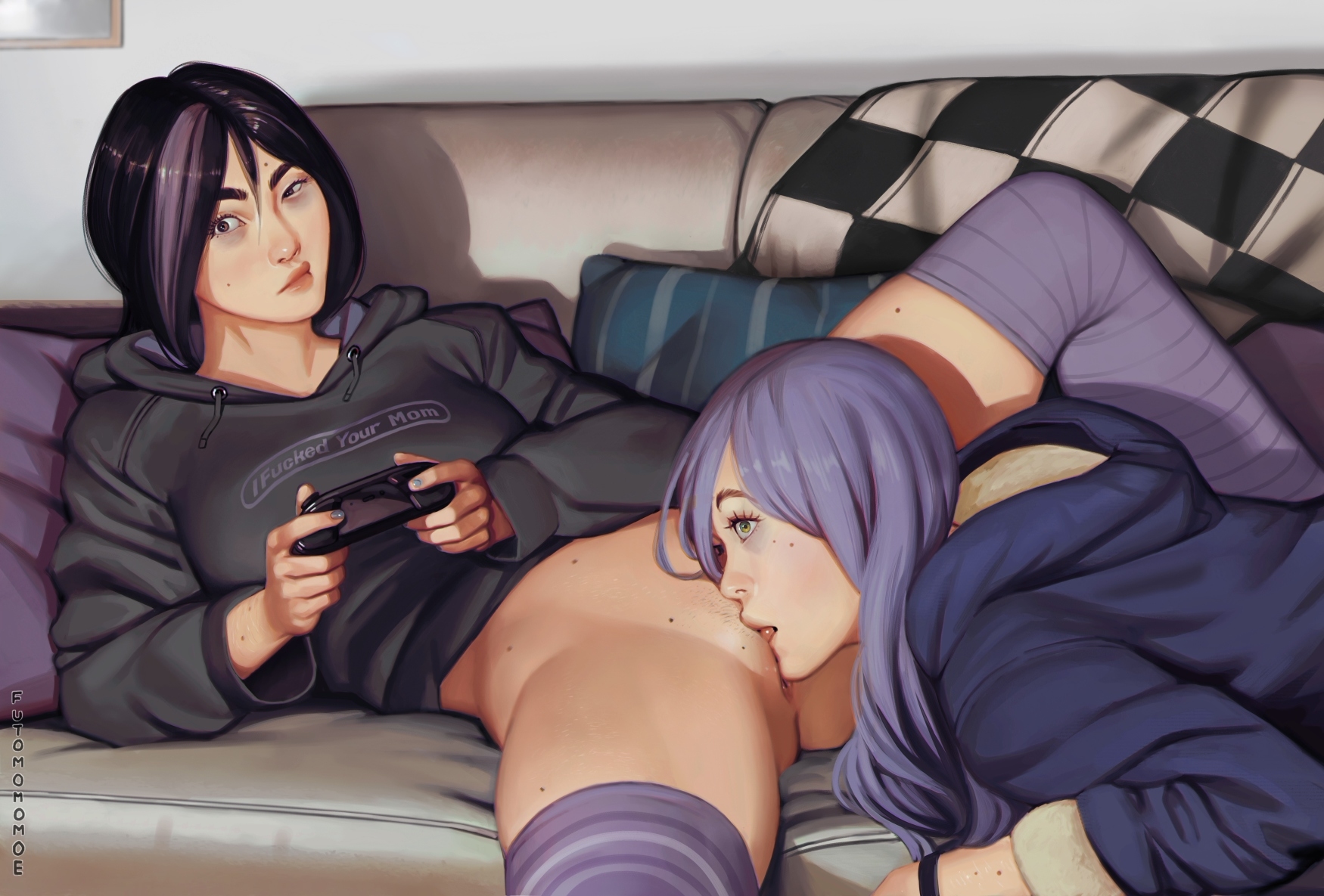futomomomoe, original, commentary, english commentary, highres, 2girls, bags under eyes, black hair, clothes writing, controller, couch, cunnilingus, game controller, mole, mole on pussy, mole on stomach, mole on thigh, mole under eye, multiple girls, on couch, oral, pubic stubble, purple hair, purple streaks, purple thighhighs, pussy, spread legs, striped clothes, striped thighhighs, thighhighs, uneven eyes, yuri