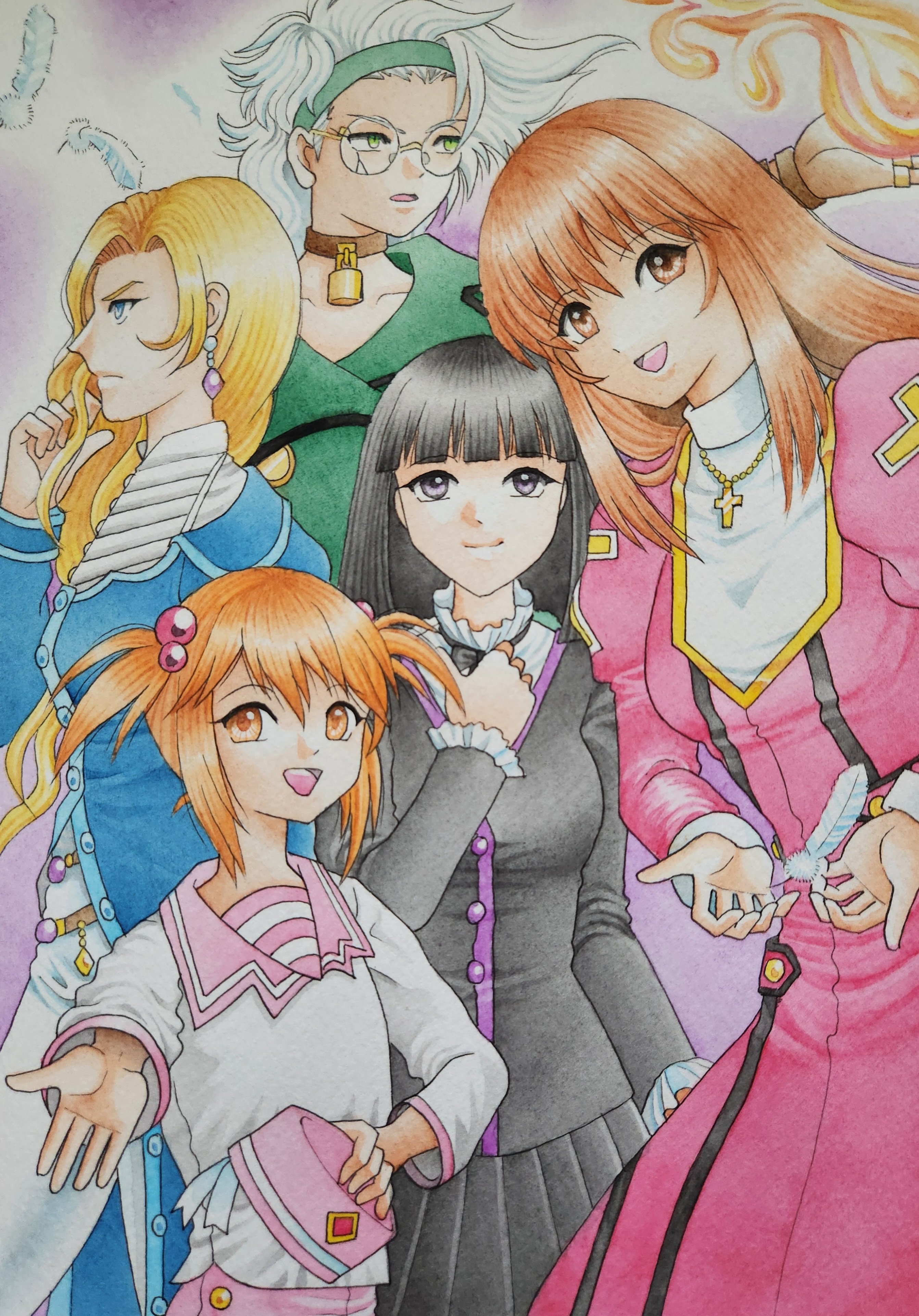 coquelicot (sakura taisen), erica fontaine, glycine bleumer, kitaooji hanabi, lobelia carlini, sakura taisen, sakura taisen iii, absurdres, highres, 5girls, black eyes, black hair, black jacket, black pants, black pantyhose, black skirt, blonde hair, blue eyes, blue jacket, blunt bangs, brown eyes, brown hair, choker, coat, collar, crack, cracked glass, cross, dress, earrings, feathers, fire, glasses, green coat, green eyes, green hairband, hairband, hat, jacket, jewelry, juliet sleeves, latin cross, long hair, long sleeves, looking at viewer, multiple girls, open mouth, pants, pantyhose, pink hat, pink pants, pink sailor collar, puffy sleeves, purple shoes, red dress, sailor collar, shiroimominoki, shirt, shoes, sidelocks, skirt, twintails, white collar, white hair, white pants, white shirt