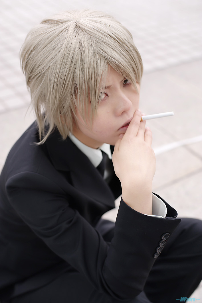 akira (model), gokudera hayato, kateikyoushi hitman reborn, katekyo hitman reborn!, silver hair, photo (medium), black necktie, black suit, cigarette, cosplay, crossdressing, formal clothes, gokudera hayato (cosplay), necktie, outdoors, shirt, sitting, solo, suit, white shirt