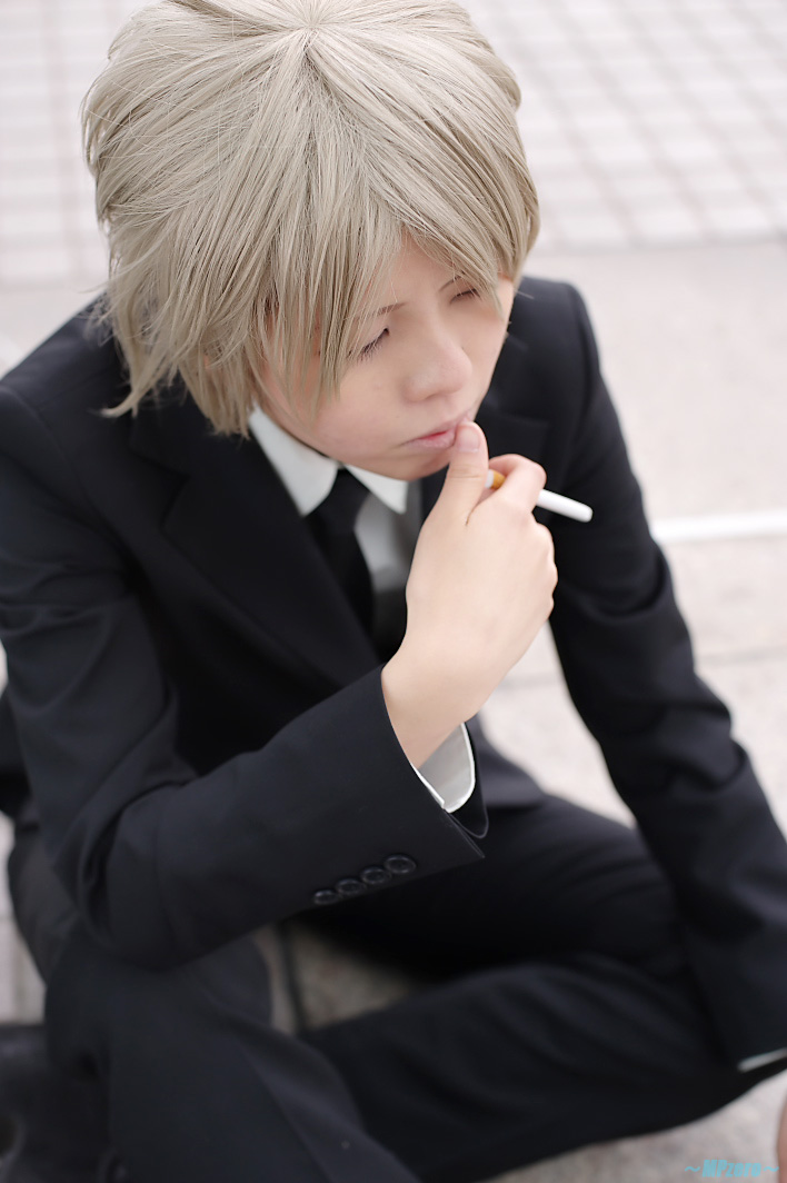 akira (model), gokudera hayato, kateikyoushi hitman reborn, katekyo hitman reborn!, silver hair, photo (medium), black necktie, black suit, cigarette, cosplay, crossdressing, formal clothes, gokudera hayato (cosplay), necktie, outdoors, shirt, sitting, solo, suit, white shirt