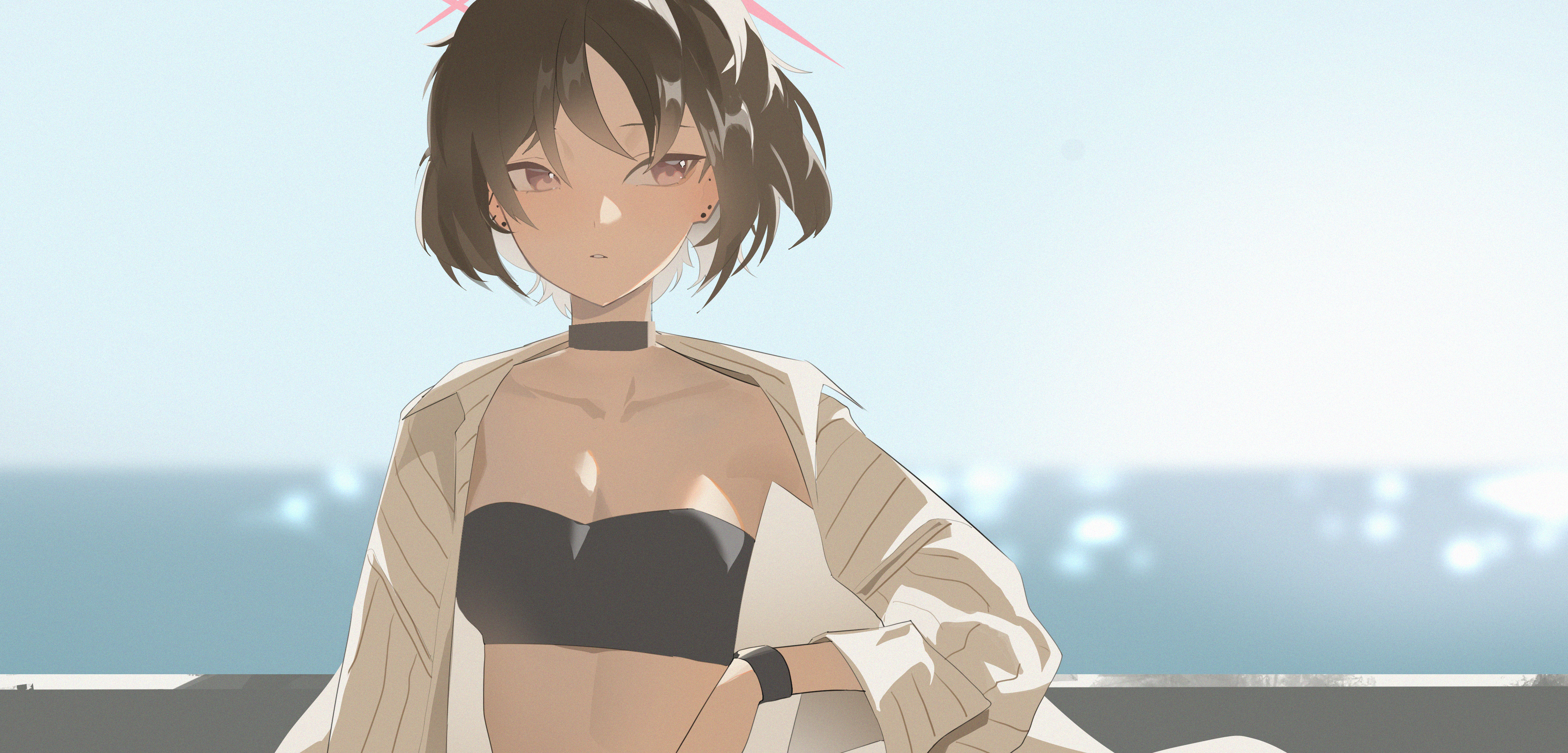 toriko (honmono), misaki (blue archive), misaki (swimsuit) (blue archive), blue archive, absurdres, highres, 1girl, bikini, black bikini, black hair, brown eyes, closed mouth, halo, looking to the side, official alternate costume, open clothes, open shirt, red halo, shirt, short hair, solo, striped clothes, striped shirt, swimsuit, vertical-striped clothes, vertical-striped shirt, white shirt