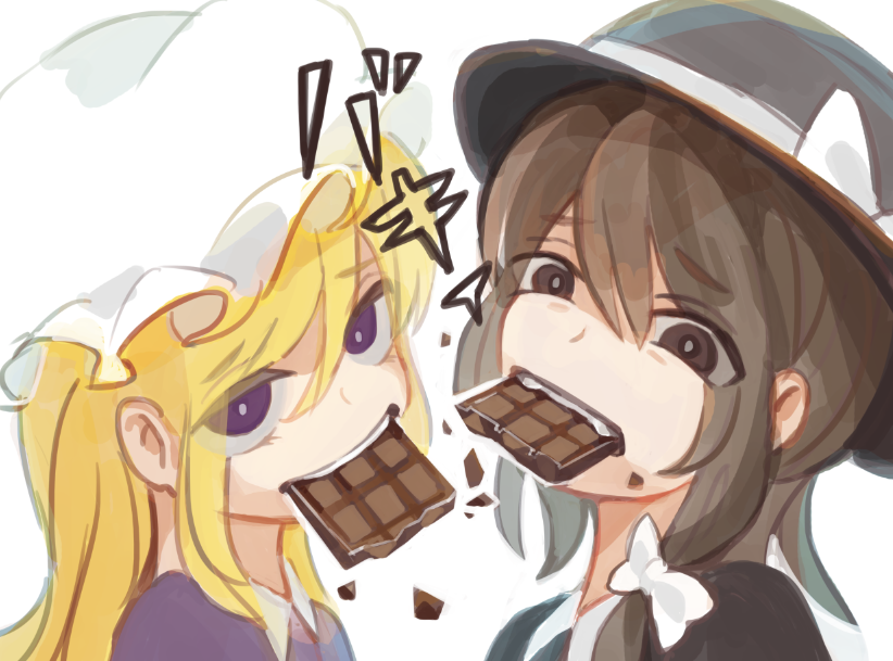 sakamoto (pompa), maribel hearn, usami renko, touhou, 2girls, black capelet, blonde hair, bow, brown eyes, brown hair, capelet, chocolate, dress, eating, fedora, food, hair ribbon, hat, hat bow, holding, holding food, looking at viewer, mob cap, multiple girls, purple dress, purple eyes, ribbon, white background