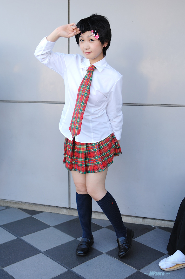 takamura mashiro, lenalee lee, d.gray-man, photo (medium), 1girl, asian, black hair, black shoes, blouse, cosplay, female focus, kneehighs, lenalee lee (cosplay), loafers, looking at viewer, petite, pleated skirt, school uniform, shirt, shoes, short hair, skirt, socks, solo