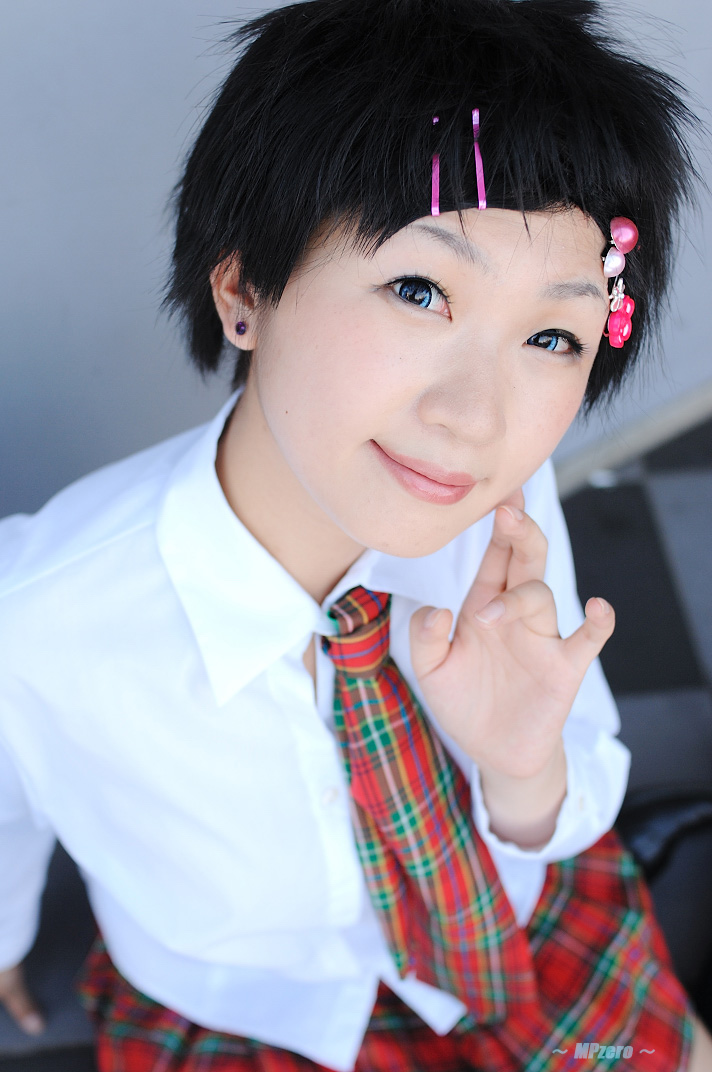 takamura mashiro, lenalee lee, d.gray-man, photo (medium), 1girl, asian, black hair, blouse, blue eyes, color contacts, cosplay, female focus, lenalee lee (cosplay), looking at viewer, necktie, petite, pleated skirt, school uniform, shirt, short hair, skirt, solo