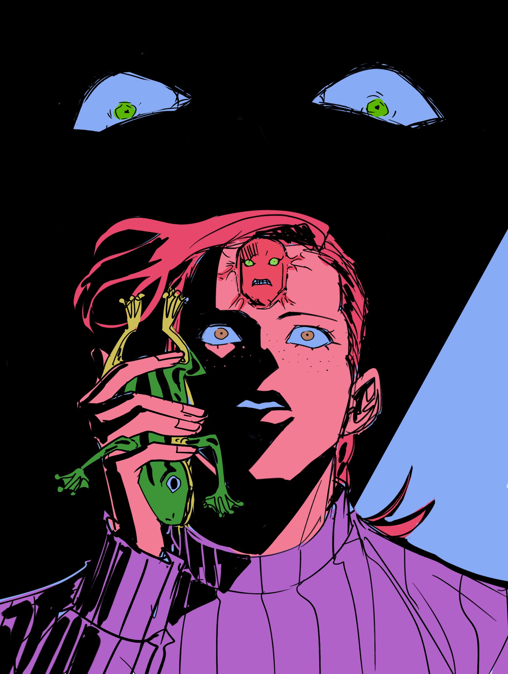 diavolo, stand (jojo), vinegar doppio, jojo no kimyou na bouken, vento aureo, commentary, english commentary, highres, 2boys, animal, epitaph (jojo), freckles, frog, green eyes, holding, holding animal, holding frog, long hair, long sleeves, looking at viewer, male focus, multiple boys, ohjojosis amen, parted lips, pink hair, purple sweater, ribbed sweater, shadow, single hair intake, solo, sweater, teeth, turtleneck, turtleneck sweater, yellow eyes