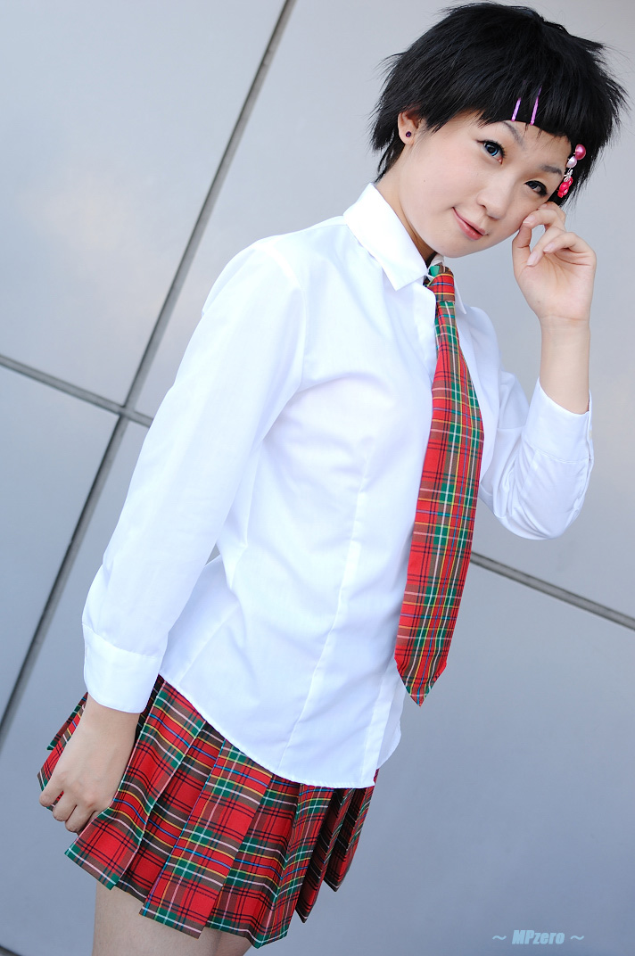 takamura mashiro, lenalee lee, d.gray-man, photo (medium), 1girl, asian, black hair, blouse, blue eyes, color contacts, cosplay, dutch angle, earrings, female focus, hair ornament, hairpin, jewelry, lenalee lee (cosplay), looking at viewer, necktie, petite, plaid clothes, plaid skirt, pleated skirt, school uniform, shirt, short hair, skirt, solo, stud earrings