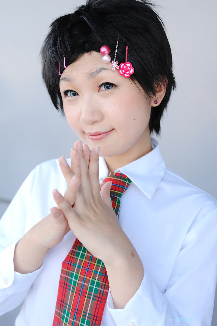 takamura mashiro, lenalee lee, d.gray-man, photo (medium), 1girl, asian, black hair, blouse, blue eyes, color contacts, cosplay, earrings, female focus, hair ornament, hairpin, jewelry, lenalee lee (cosplay), looking at viewer, mole, necktie, petite, school uniform, shirt, short hair, skirt, solo, stud earrings