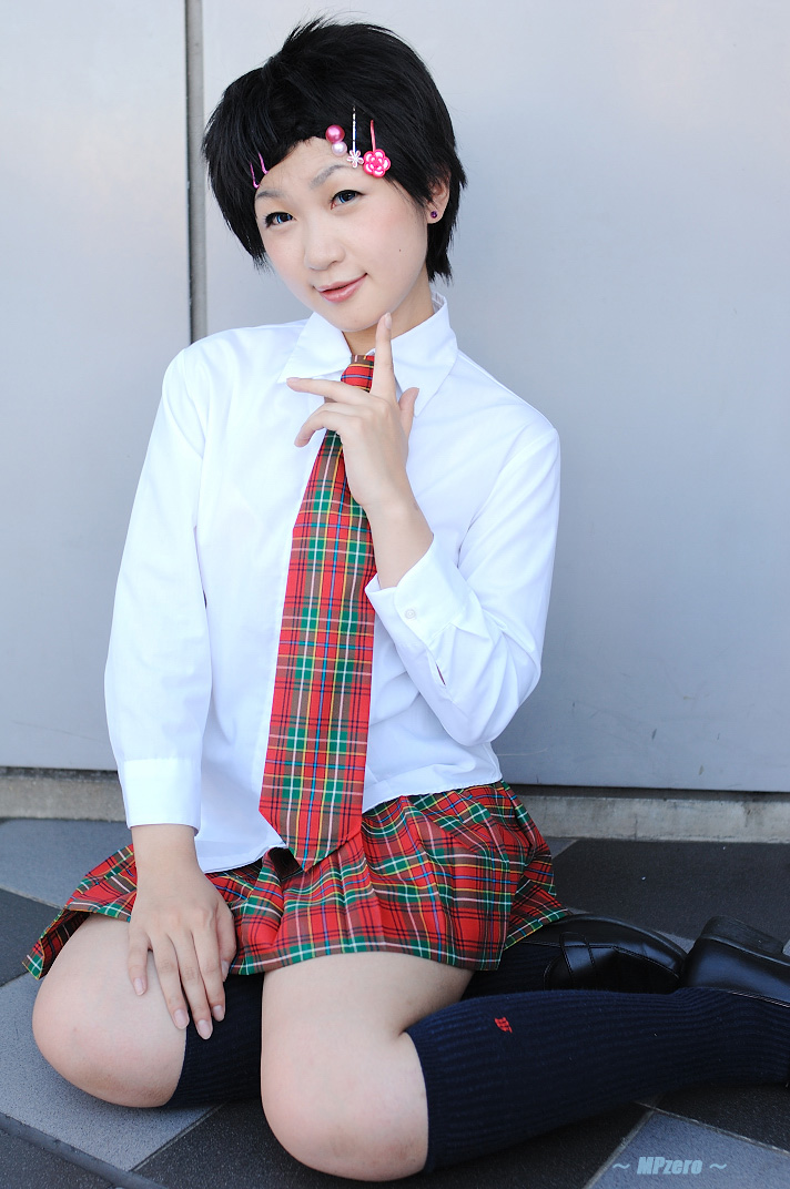 takamura mashiro, lenalee lee, d.gray-man, photo (medium), 1girl, asian, black hair, black shoes, blouse, blue eyes, color contacts, cosplay, earrings, female focus, hair ornament, hairpin, jewelry, kneehighs, lenalee lee (cosplay), loafers, looking at viewer, necktie, on floor, petite, plaid clothes, plaid skirt, pleated skirt, school uniform, shirt, shoes, short hair, sitting, skirt, socks, solo, stud earrings, yokozuwari