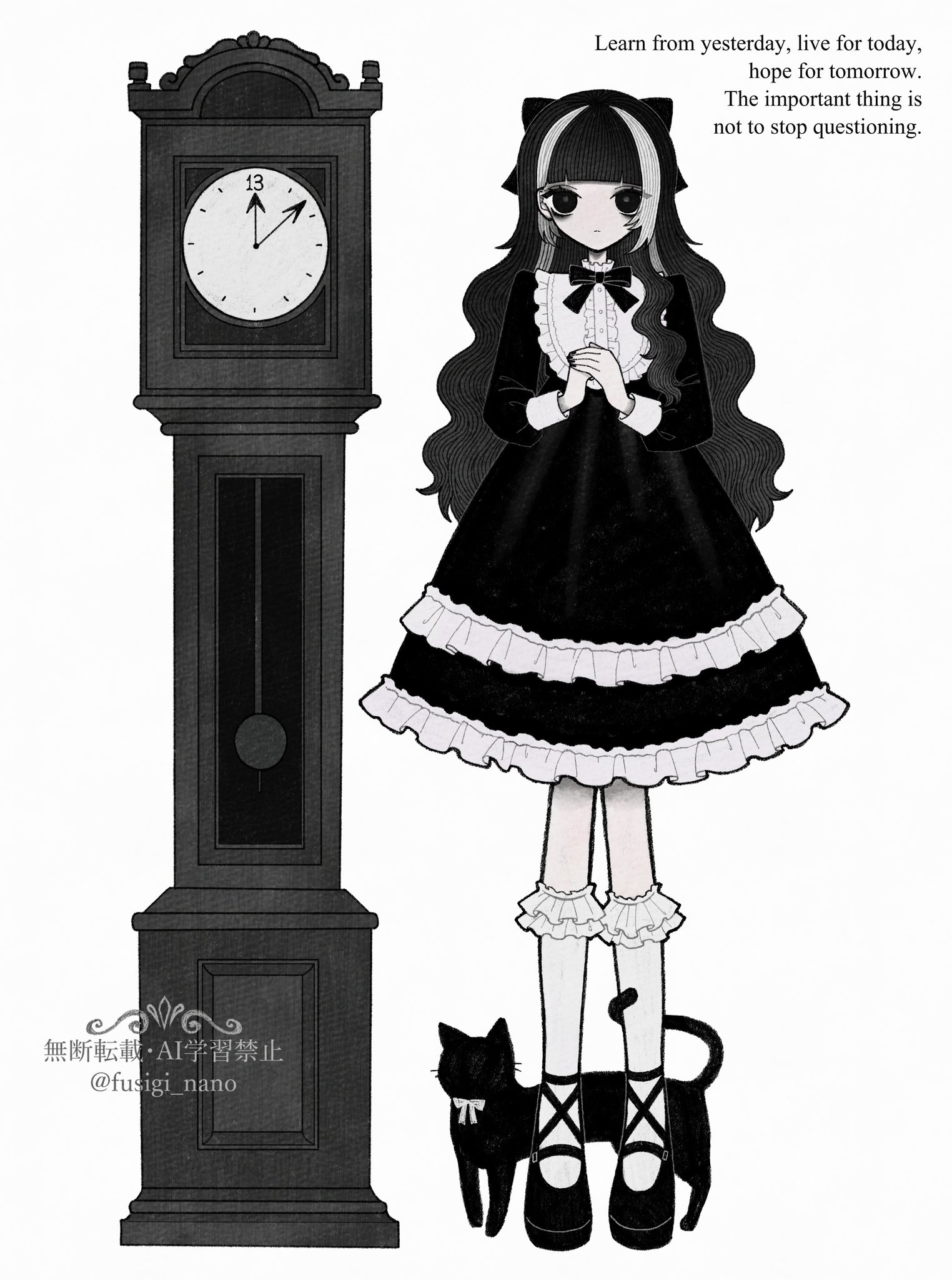 fusigi nano, original, commentary, highres, symbol-only commentary, 1girl, bags under eyes, black bow, black cat, black eyes, black hair, black nails, black ribbon, black shoes, bow, cat, clock, dress, english text, expressionless, frilled dress, frilled socks, frills, full body, gothic lolita, grandfather clock, hair bow, japanese clothes, kneehighs, lolita fashion, long hair, looking at viewer, multicolored hair, neck ribbon, own hands together, pale skin, platform shoes, ribbon, shoes, simple background, socks, solo, standing, streaked hair, twitter username, two-tone hair, white background, white hair, white socks