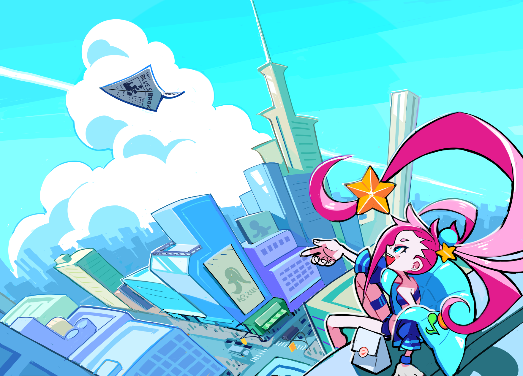 kiku (kicdoc), original, commentary, english commentary, highres, 1girl, aqua eyes, aqua jacket, bag, blue sky, building, city, cloud, day, eyelashes, fingernails, hair ornament, jacket, long hair, on rooftop, open clothes, open jacket, open mouth, outdoors, paper airplane, pink hair, ponytail, sitting, sky, skyscraper, smile, solo, star (symbol), star hair ornament, teeth, upper teeth only, very long hair, white bag