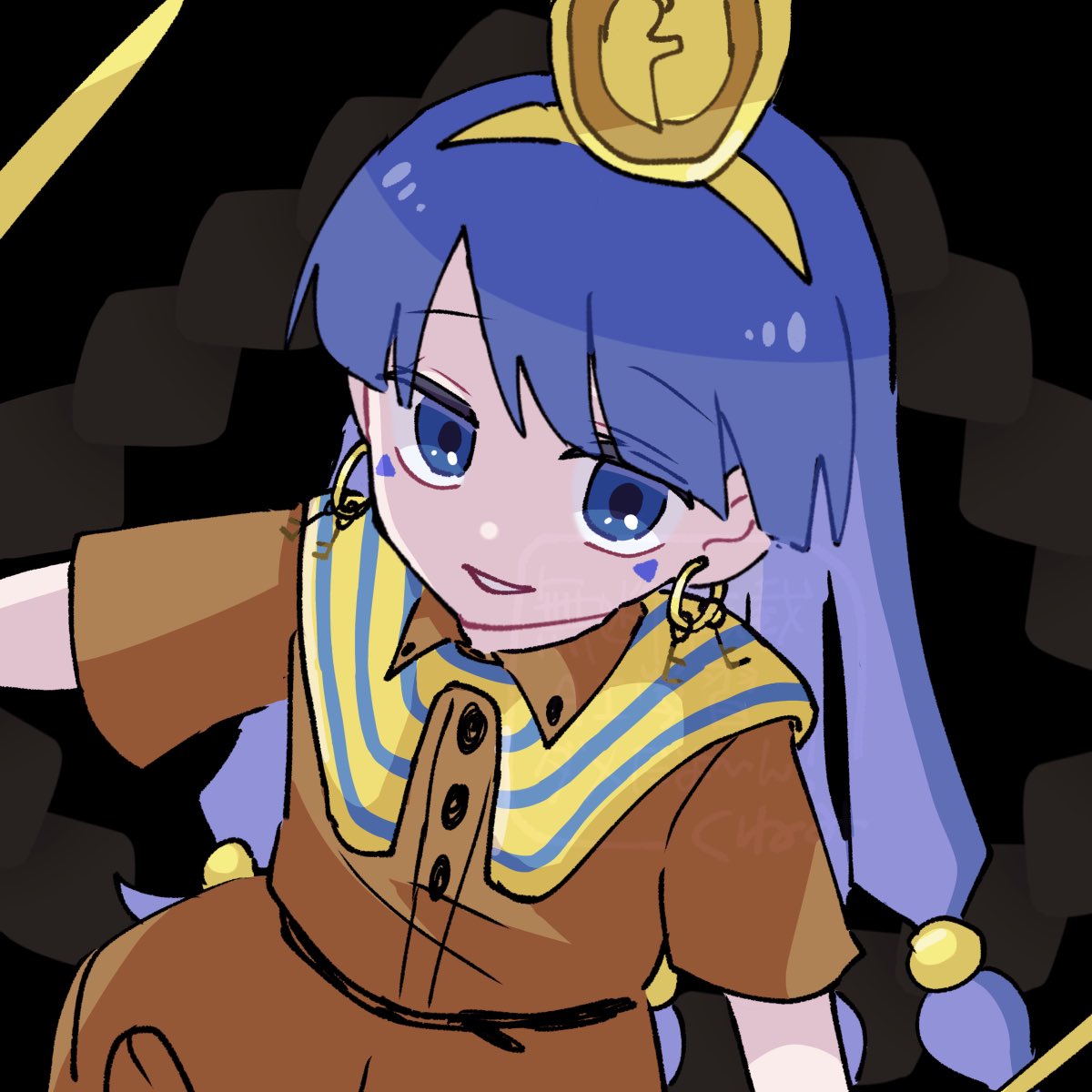 tohokune, michigami nareko, touhou, commentary request, highres, 1girl, baggy shorts, belt, black background, black belt, blue eyes, blue hair, brown shirt, brown shorts, buttons, capelet, collared shirt, earrings, facial mark, gold hairband, hair ornament, hairband, headpiece, jewelry, key earrings, long hair, looking at viewer, low-tied long hair, polearm, shirt, short sleeves, shorts, simple background, smile, solo, striped capelet, teeth, triangle, triangle facial mark, weapon, yellow capelet