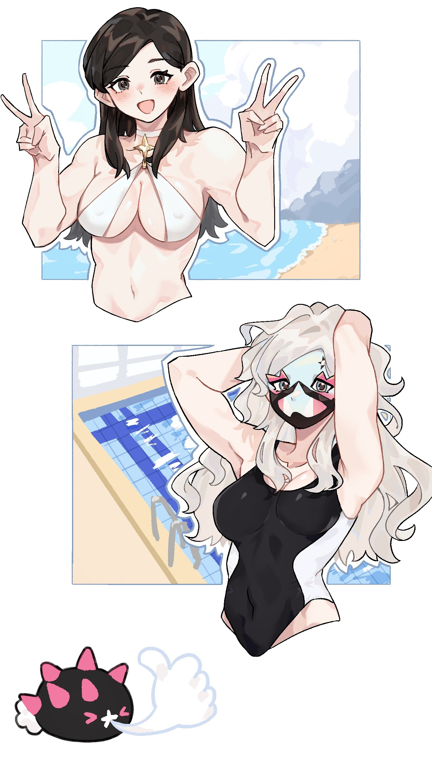 dafenpipixia, eri (pokemon), pyukumuku, nintendo, pokemon, pokemon sv, absurdres, highres, > <, 1girl, arms behind head, arms up, beach, bikini, black eyes, black hair, black one-piece swimsuit, blue outline, blush, breasts, choker, closed eyes, closed mouth, covered navel, cropped torso, double v, eyelashes, facepaint, gen 7 pokemon, grey eyes, multiple views, navel, official alternate hair color, one-piece swimsuit, open mouth, outline, pokemon (creature), pool, smile, stomach, swimsuit, toned, toned female, v, water, white bikini, white choker, white hair, white outline