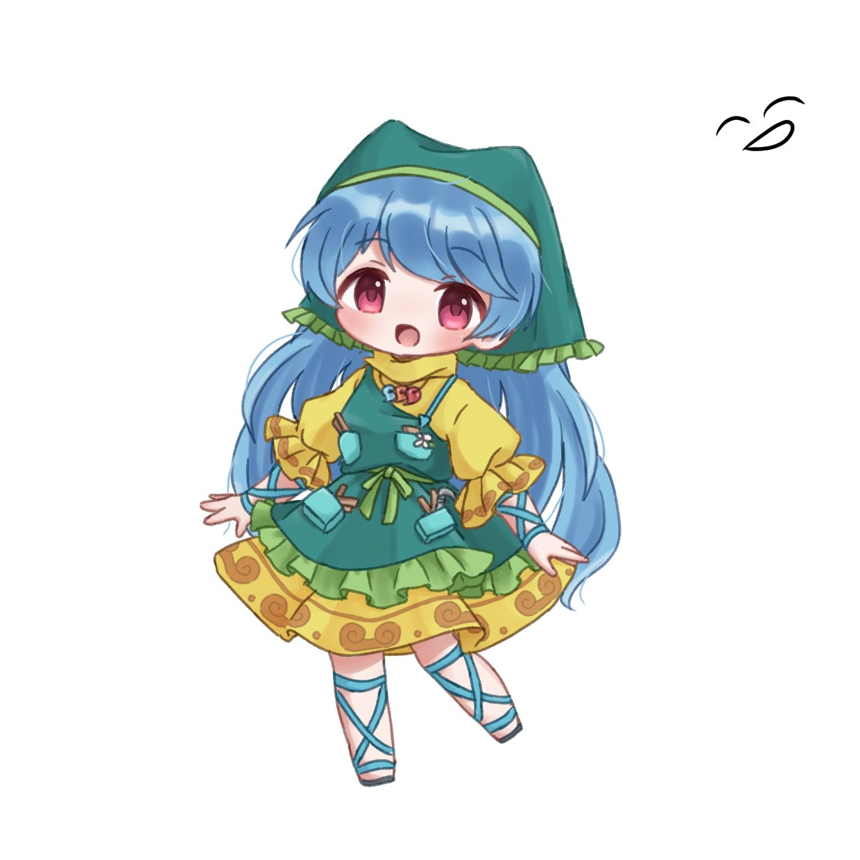 haniyasushin keiki, touhou, commentary request, highres, 1girl, apron, arm ribbon, black sandals, blue apron, blue hair, blue headscarf, blush, bow, chibi, chibi only, dress, flower, frills, full body, green bow, headscarf, jewelry, leg ribbon, long hair, looking at viewer, magatama, magatama necklace, necklace, open mouth, pink eyes, pocket, puffy short sleeves, puffy sleeves, ribbon, sandals, short sleeves, simple background, smile, solo, standing, standing on one leg, turtleneck, turtleneck dress, wasshoi chi, white background, white flower, wood carving tool, yellow dress