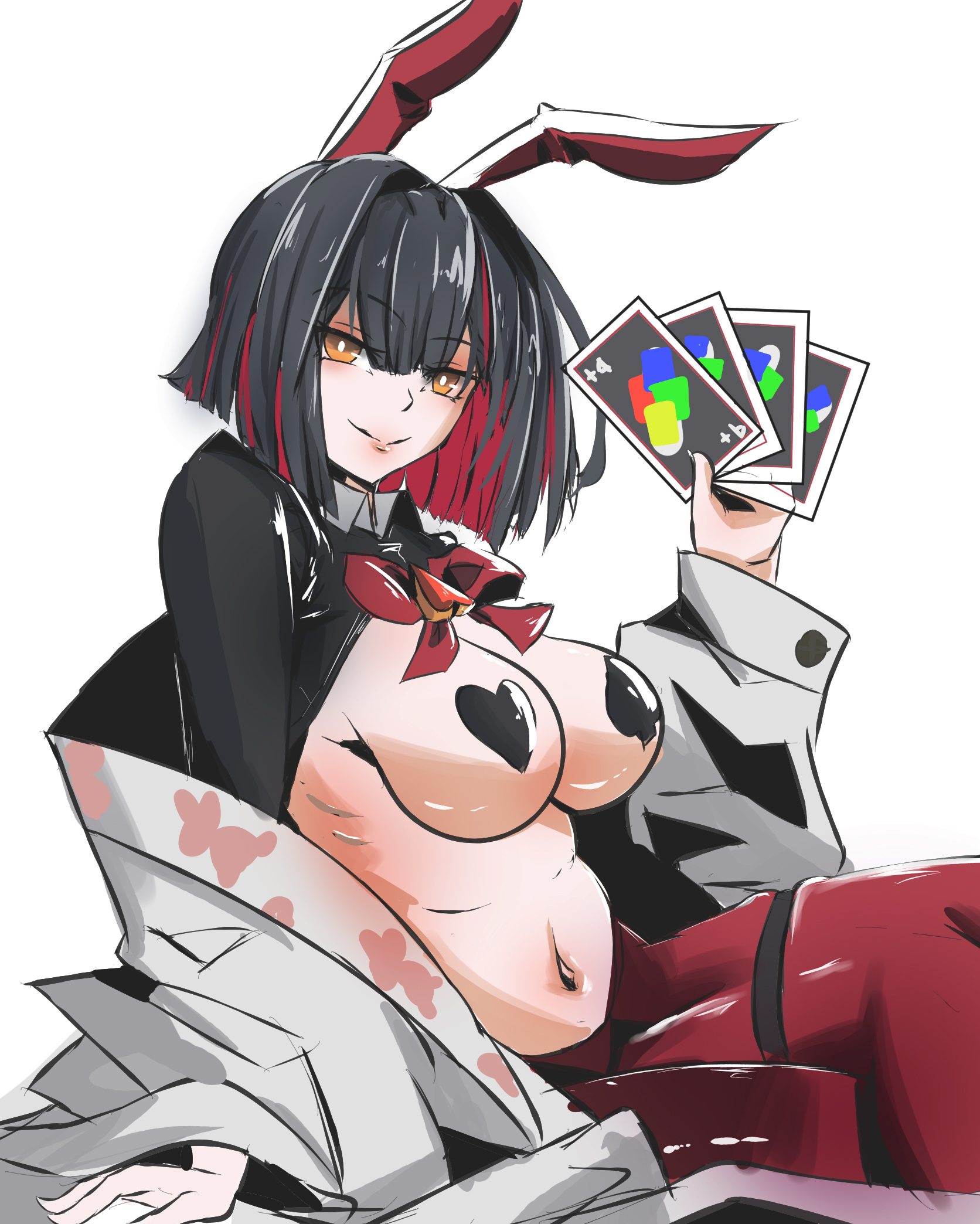 aurostella, rouge (nikke), rouge (unlucky rabbit) (nikke), goddess of victory: nikke, uno (game), highres, 1girl, animal ears, black hair, blush, breasts, card, colored inner hair, fake animal ears, frontless outfit, heart pasties, holding, holding card, large breasts, latex shrug, leggings, multicolored hair, navel, official alternate costume, pasties, rabbit ears, red leggings, reverse bunnysuit, reverse outfit, shiny skin, short hair, simple background, smile, solo, white background, yellow eyes