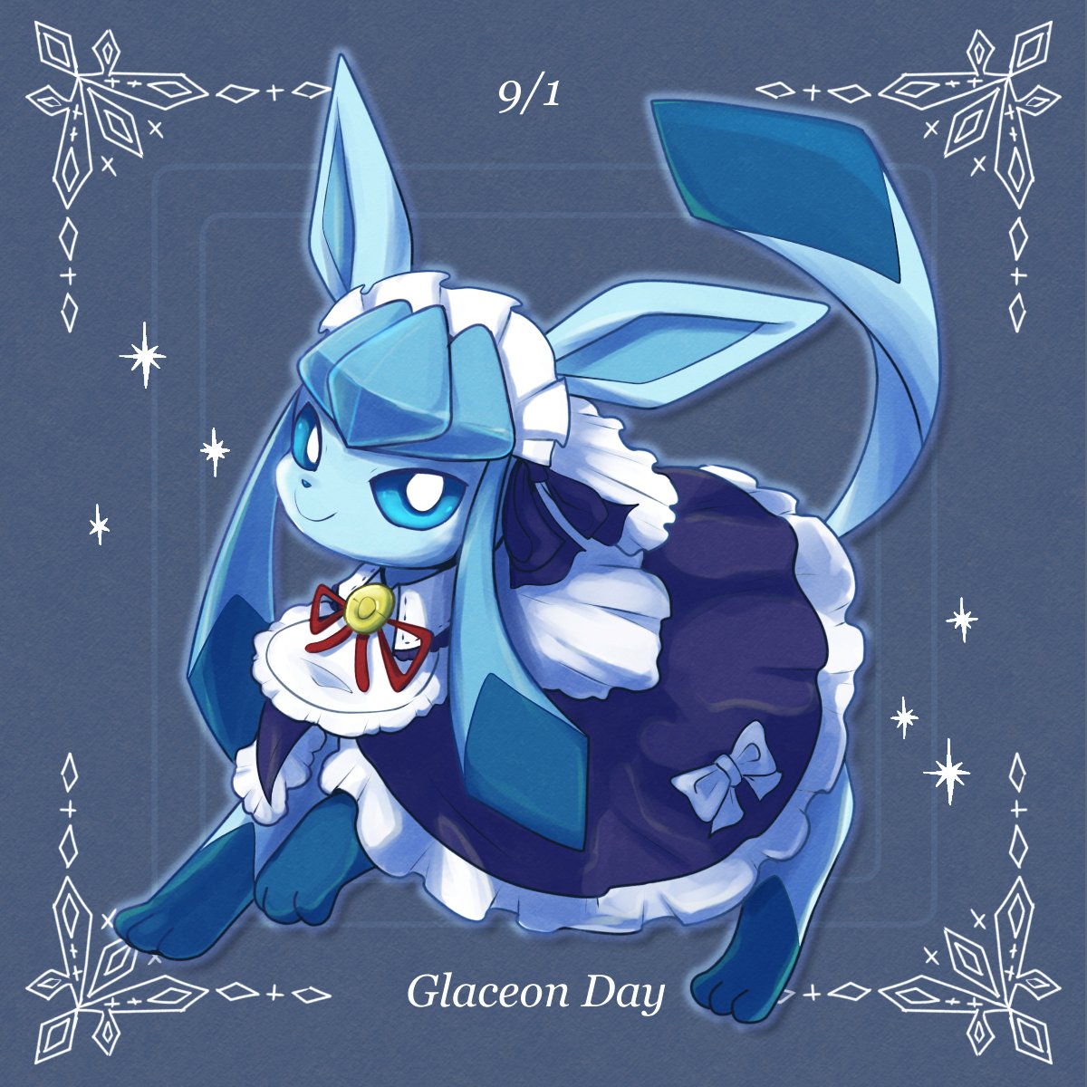 glaceon, glaceon (tea party), nintendo, pokemon, check commentary, commentary request, highres, blue background, blue eyes, blue theme, character name, clara towa, closed mouth, clothed pokemon, dated, dress, gen 4 pokemon, maid headdress, no humans, pokemon (creature), pokemon focus, ribbon, smile, solo