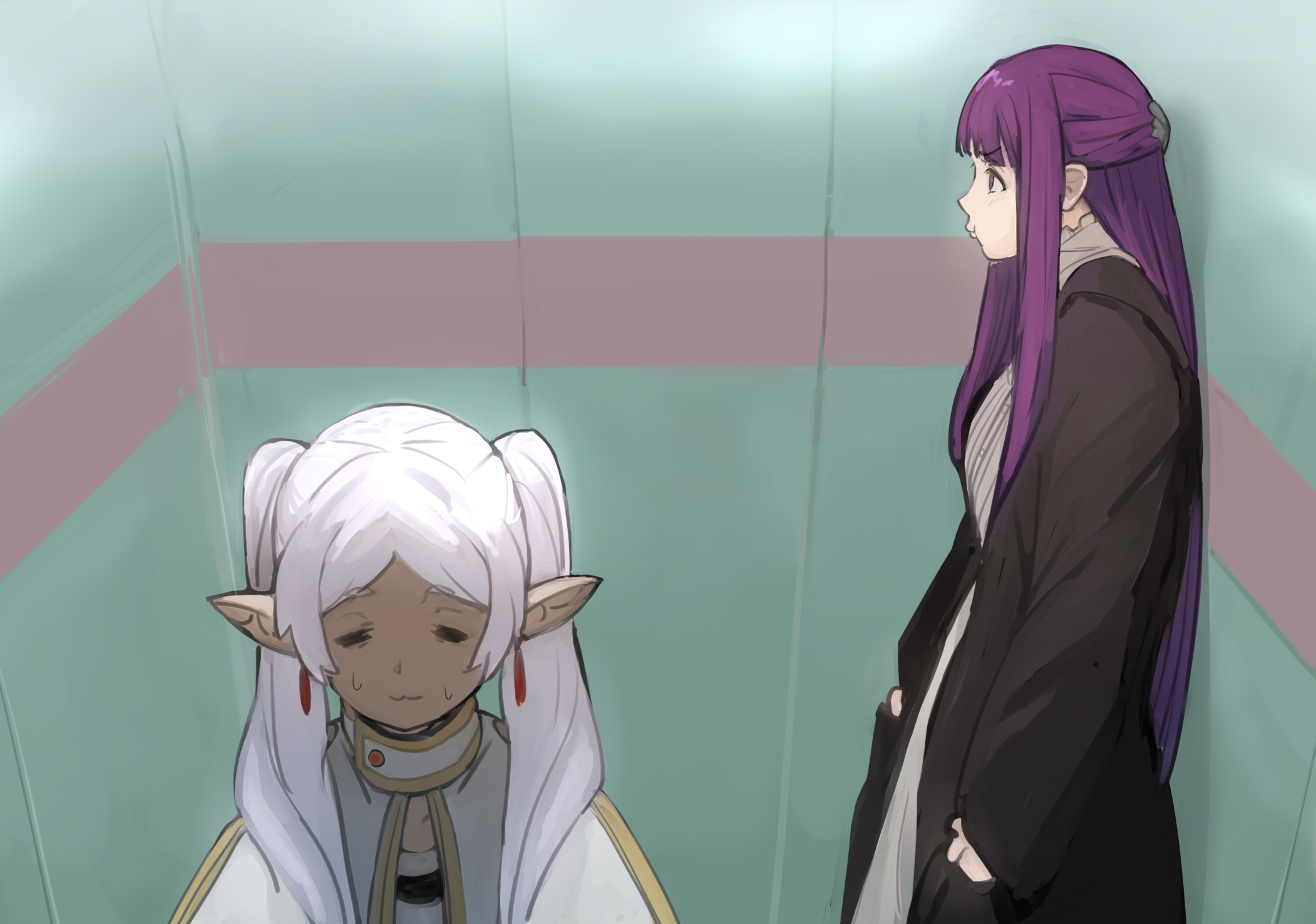 higemu, fern (sousou no frieren), frieren, neon genesis evangelion, sousou no frieren, highres, 2girls, :3, = =, black coat, blunt bangs, capelet, closed eyes, closed mouth, coat, contemporary, dress, earrings, from side, gold trim, hair over shoulder, indoors, jewelry, long hair, long pointy ears, multiple girls, open clothes, open coat, parted bangs, pendant earring, pointy ears, pout, profile, puckered lips, purple eyes, purple hair, scene reference, standing, sweat, teardrop earrings, twintails, v-shaped eyebrows, white dress, white hair