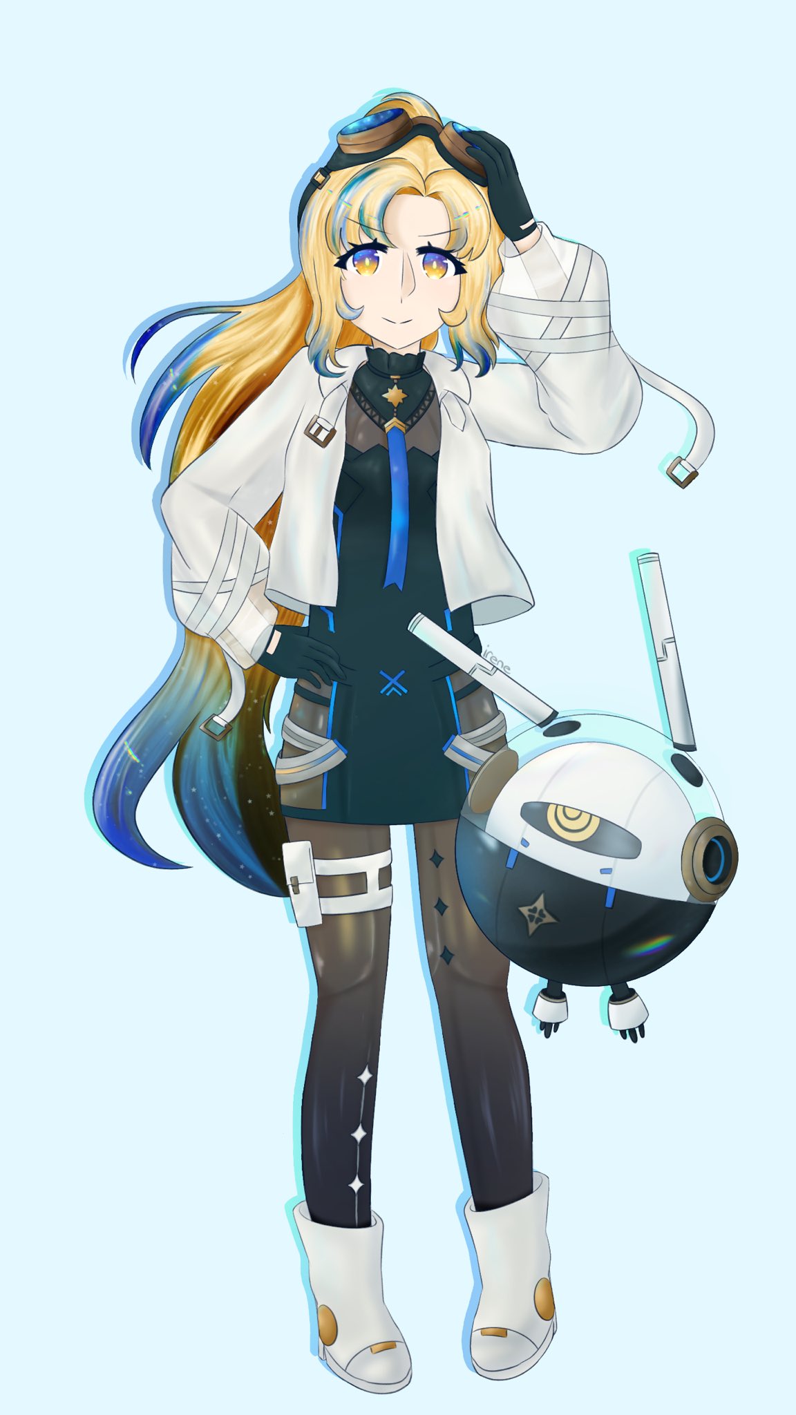 nonoka (arcaea), arcaea, highres, self-upload, 1girl, black gloves, blonde hair, blue background, blue eyes, boots, cosmicirene, dress, full body, gloves, goggles, goggles on head, jacket, long hair, long sleeves, multicolored eyes, pantyhose, see-through clothes, smile, solo, white boots, white jacket, yellow eyes