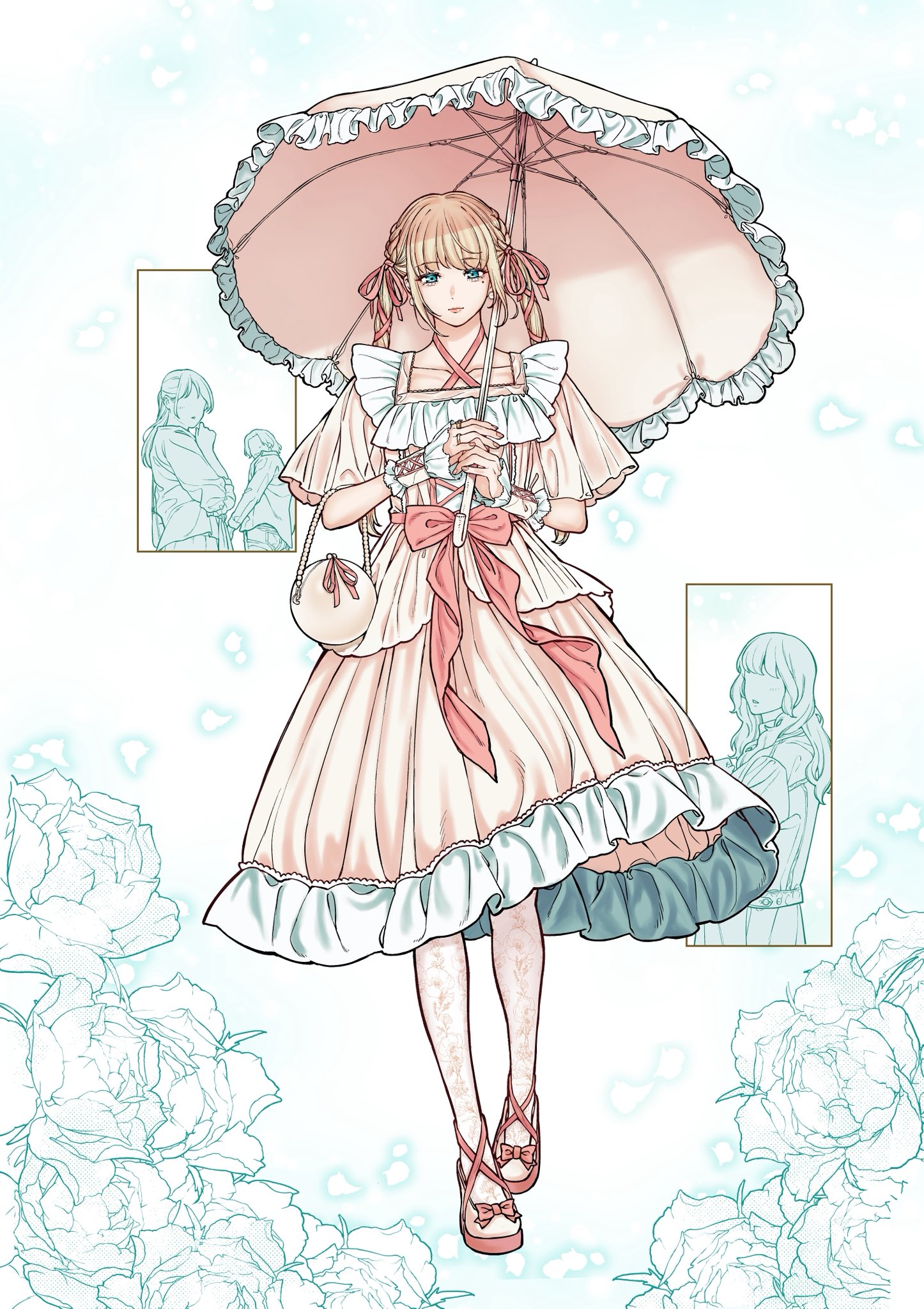 kanazawa shinnosuke, highres, 1boy, amata (kanazawa shinnosuke), bag, blonde hair, blue eyes, closed mouth, collarbone, crossdressing, crossdressing (mtf), dress, falling petals, flower, frilled dress, frilled umbrella, frilled wrist cuffs, frills, full body, hair ribbon, handbag, high heels, holding, holding umbrella, jewelry, kaisha to shiseikatsu, lolita fashion, long hair, male focus, mole, mole under eye, pantyhose, parasol, petals, pink dress, pink nails, pink umbrella, print pantyhose, ribbon, ring, solo, tress ribbon, twintails, umbrella, walking, white pantyhose, wrist cuffs
