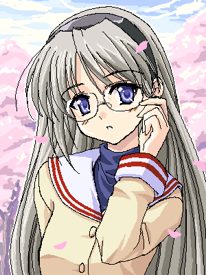 masakichi (crossroad), sakagami tomoyo, clannad, lowres, 00s, adjusting eyewear, cherry blossoms, glasses, oekaki, school uniform, serafuku, solo