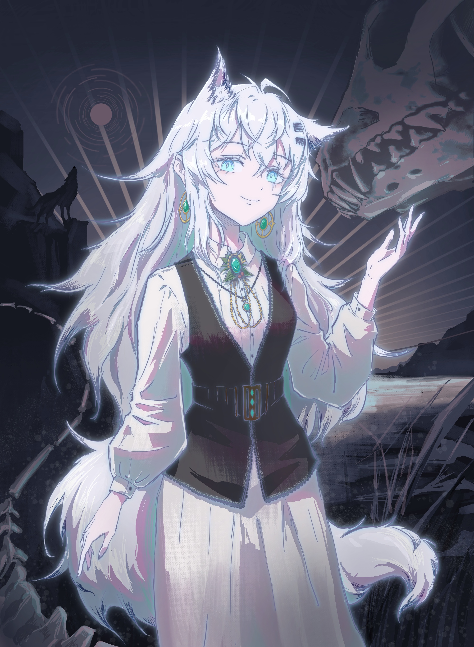 da-dawny, lappland (arknights), arknights, absurdres, chinese commentary, commentary, commentary request, english commentary, highres, mixed-language commentary, partial commentary, 1girl, animal ear fluff, animal ears, animal skeleton, black vest, blue eyes, buttons, closed mouth, collared shirt, cowboy shot, earrings, gem, grey hair, grey skirt, grey tail, hair between eyes, hair ornament, hairclip, hand up, jewelry, long hair, long sleeves, looking at viewer, shirt, skirt, smile, solo, standing, tail, vest, waistcoat, white shirt, wolf ears, wolf girl, wolf tail