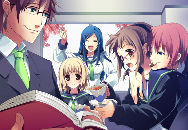 aida okiteru, izumo kasumi, misasagi keiji, shinonome chika, tanishiro karin, tsukimori makoto, original, pianissimo (baross-soft), game cg, 2boys, 3girls, :o, ^ ^, arm up, blonde hair, blue eyes, blue hair, blush, book, brown hair, checkerboard cookie, cigarette, closed eyes, cookie, cup, everyone, flat chest, food, formal clothes, glasses, hand on own hip, hug, hug from behind, indoors, long hair, mouth hold, multiple boys, multiple girls, necktie, one eye closed, open book, open mouth, pink hair, plate, ponytail, purple hair, reading, school uniform, scrunchie, serafuku, short hair, smile, smoking, spill, suit, surprised, tea, teacup, upper body, wavy hair, window, wink, yellow eyes