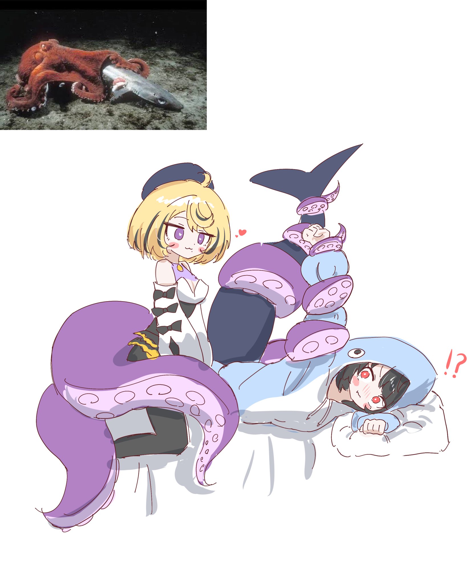 ellen joe, yidhari (zenless zone zero), zenless zone zero, highres, photo-referenced, fins, fish tail, hood, hooded pajamas, kesiutu, pajamas, pillow, shark tail, tail, tentacles