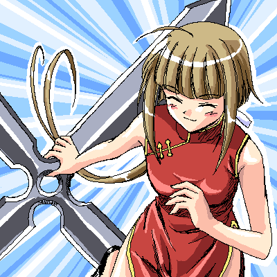 masakichi (crossroad), nagase kaede, mahou sensei negima!, lowres, 00s, ahoge, bare shoulders, blush, brown hair, brown theme, china dress, chinese clothes, closed eyes, dress, oekaki, shuriken, weapon