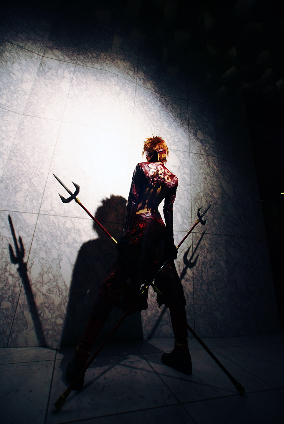 houtou singi (model), yukimura sanada, sengoku basara, highres, photo (medium), 1girl, back, cosplay, female focus, from below, full body, polearm, solo, spear, standing, torn clothes, weapon