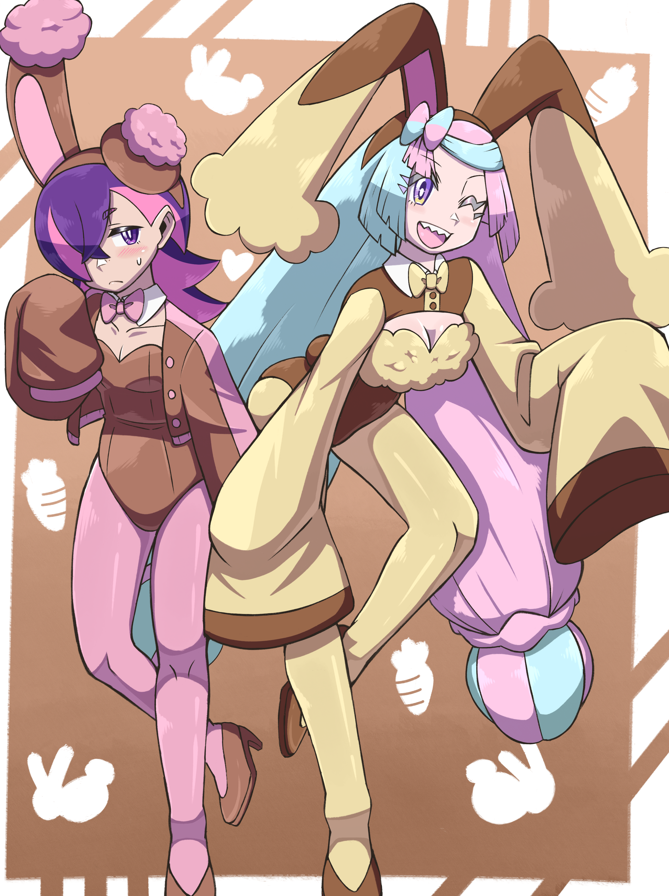 icydirtball, buneary, dot (pokemon), iono (pokemon), lopunny, nintendo, pokemon, pokemon (anime), pokemon horizons, pokemon sv, absurdres, highres, 2girls, animal ears, blue hair, blush, bow, bowtie, carrot, embarrassed, gen 4 pokemon, hair over one eye, leotard, long hair, long sleeves, multicolored hair, multiple girls, one eye closed, pantyhose, pink hair, playboy bunny, purple eyes, purple hair, rabbit, rabbit ears, sharp teeth, sweatdrop, teeth, two-tone hair