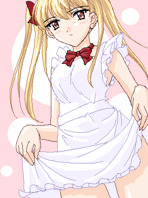 masakichi (crossroad), sawachika eri, school rumble, lowres, 00s, 1girl, apron, blonde hair, bow, bowtie, dress, female focus, long hair, looking at viewer, naked apron, oekaki, solo, twintails