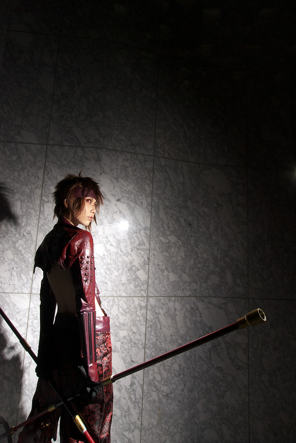 houtou singi (model), yukimura sanada, sengoku basara, highres, photo (medium), 1girl, cosplay, cowboy shot, female focus, polearm, solo, spear, standing, torn clothes, weapon