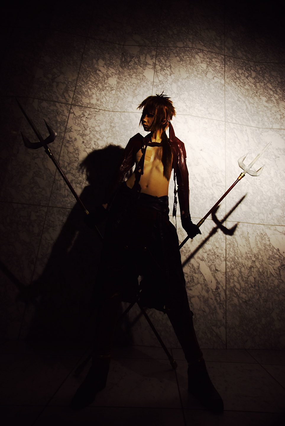 houtou singi (model), yukimura sanada, sengoku basara, highres, photo (medium), 1girl, boob tape, cosplay, polearm, spear, torn clothes, weapon