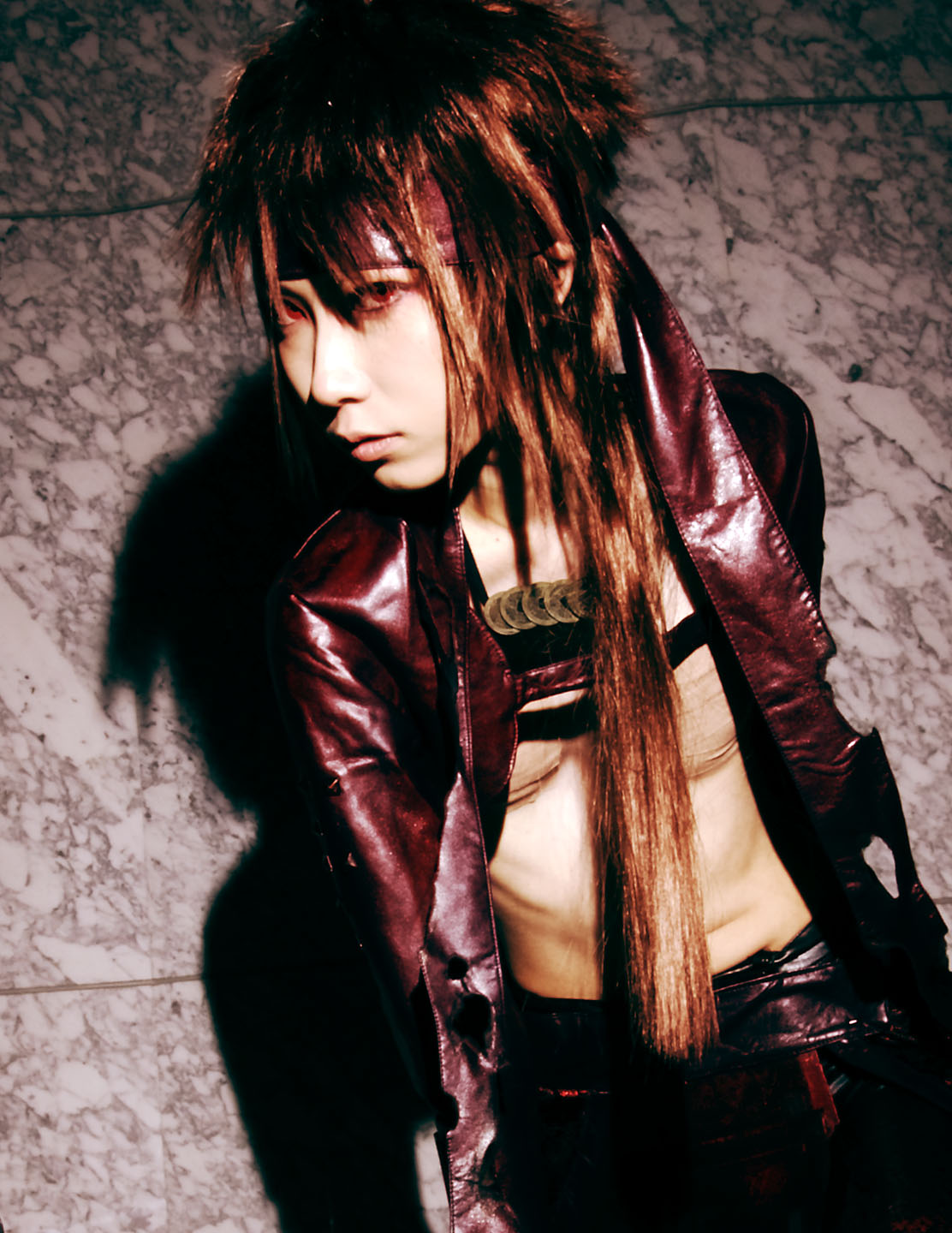 houtou singi (model), yukimura sanada, sengoku basara, highres, photo (medium), 1girl, boob tape, cosplay, polearm, spear, torn clothes, weapon