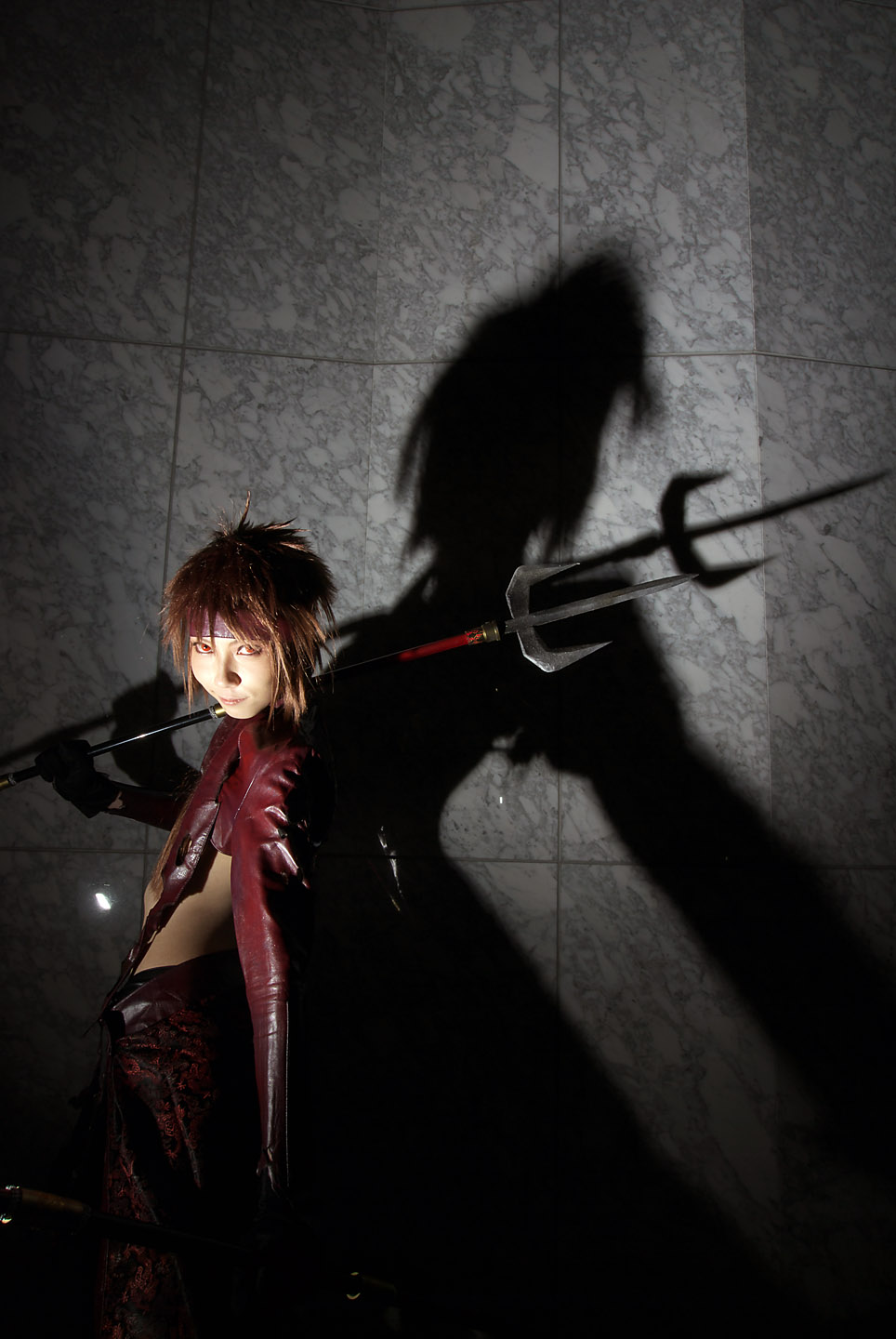houtou singi (model), yukimura sanada, sengoku basara, highres, photo (medium), 1girl, cosplay, cowboy shot, female focus, polearm, solo, spear, standing, torn clothes, weapon