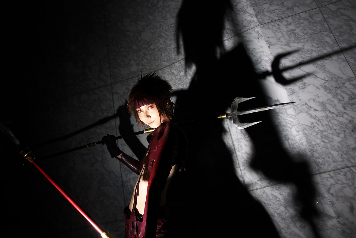 houtou singi (model), yukimura sanada, sengoku basara, photo (medium), 1girl, cosplay, cowboy shot, female focus, polearm, solo, spear, standing, torn clothes, weapon