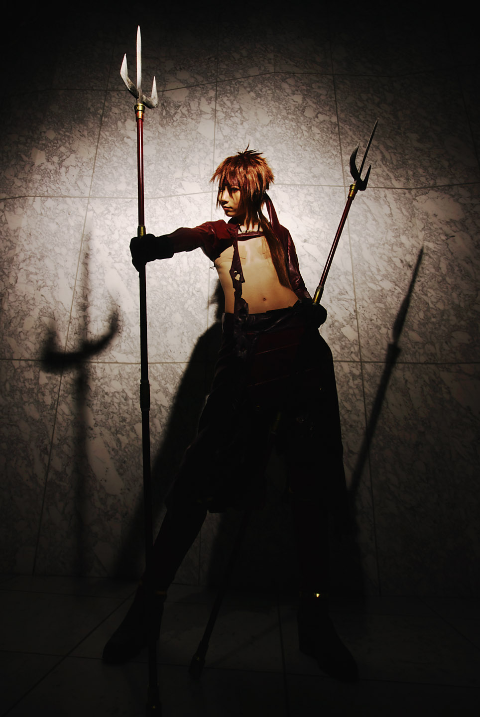 houtou singi (model), yukimura sanada, sengoku basara, highres, photo (medium), 1girl, boob tape, cosplay, polearm, spear, torn clothes, weapon