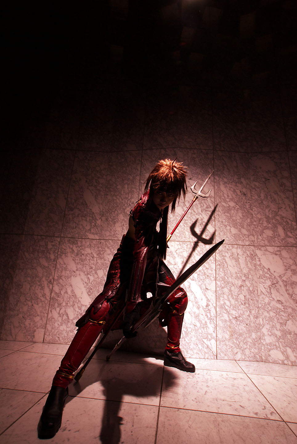 houtou singi (model), yukimura sanada, sengoku basara, highres, photo (medium), 1girl, cosplay, female focus, from below, full body, polearm, solo, spear, standing, torn clothes, weapon