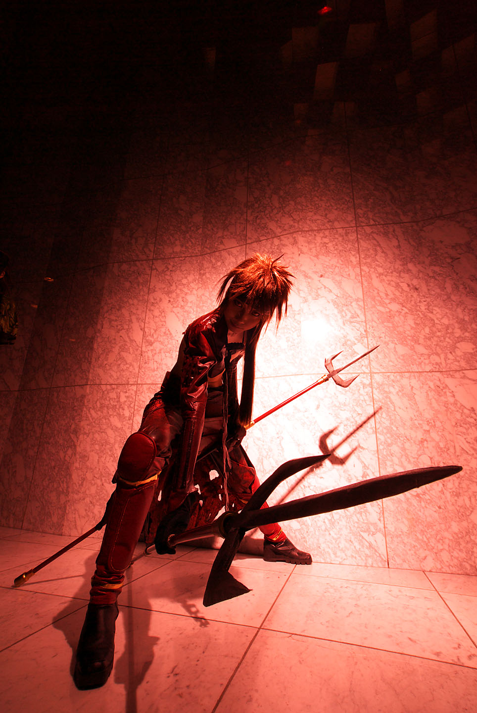 houtou singi (model), yukimura sanada, sengoku basara, highres, photo (medium), 1girl, cosplay, female focus, from below, full body, polearm, solo, spear, standing, torn clothes, weapon