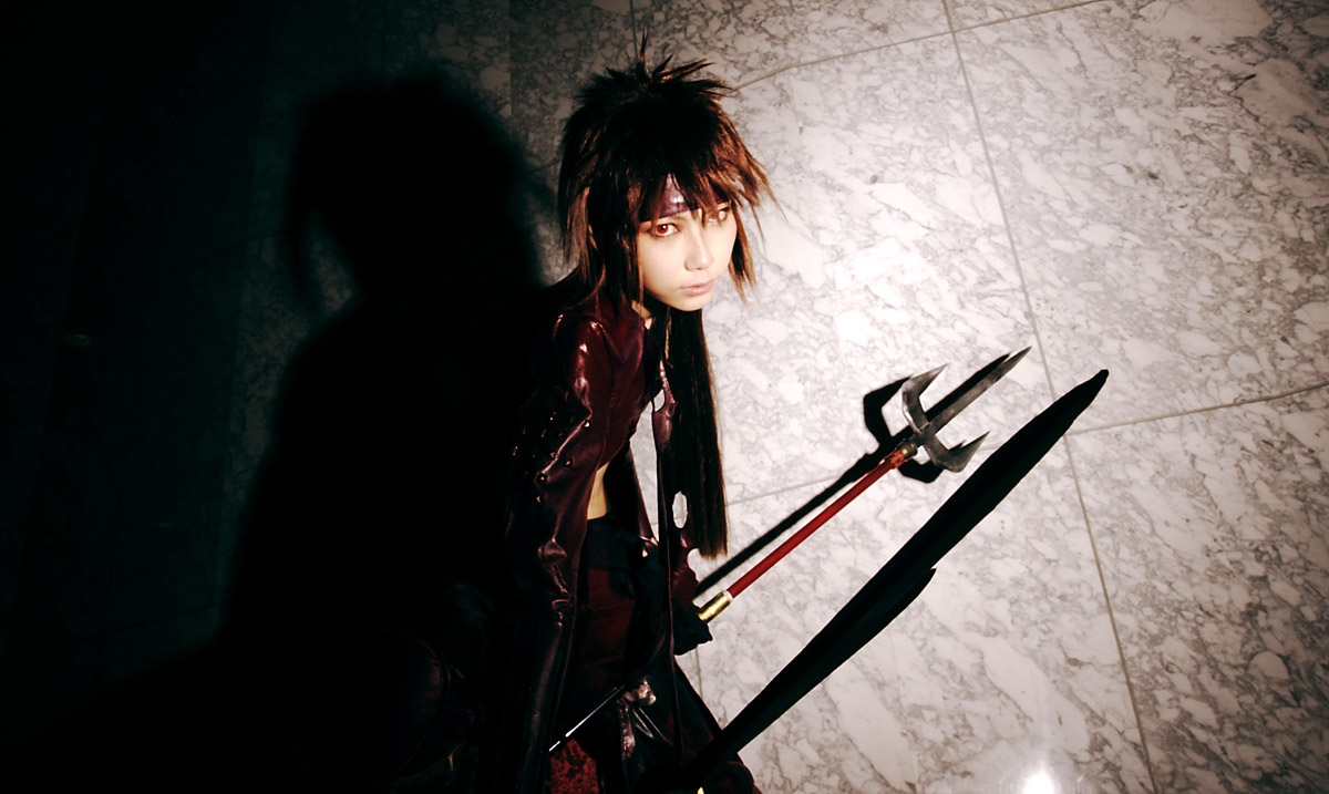 houtou singi (model), yukimura sanada, sengoku basara, photo (medium), 1girl, cosplay, cowboy shot, female focus, polearm, solo, spear, standing, torn clothes, weapon