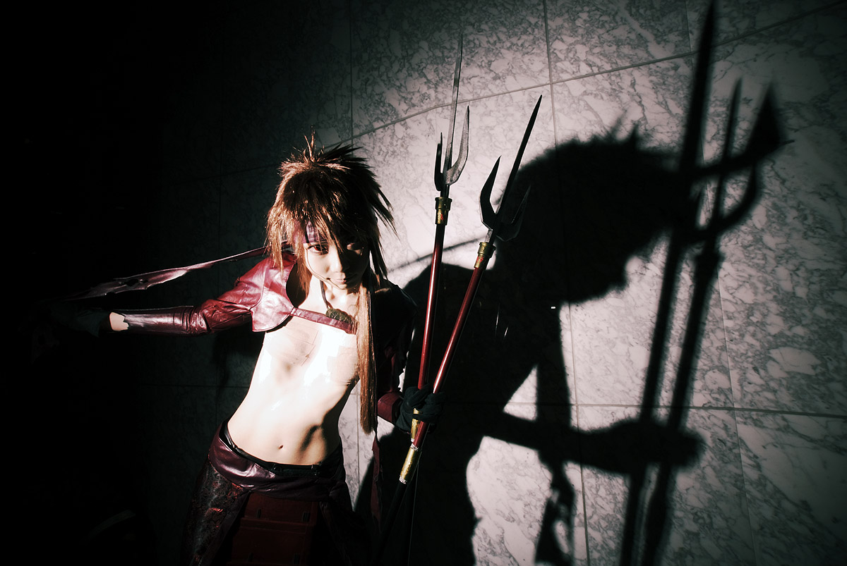 houtou singi (model), yukimura sanada, sengoku basara, photo (medium), 1girl, boob tape, cosplay, polearm, spear, torn clothes, weapon